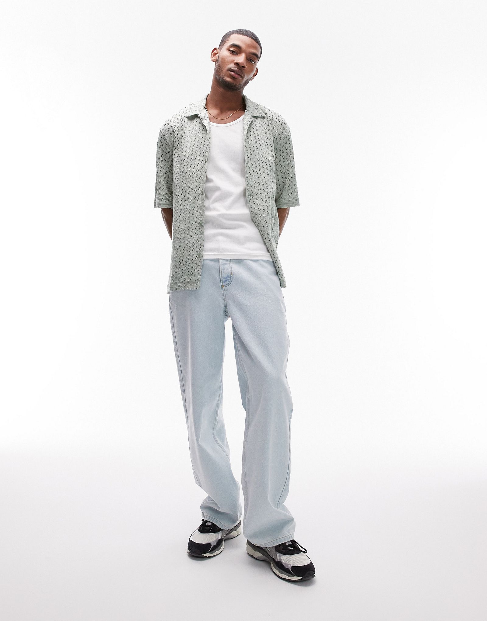 Вязаная рубашка из джерси Topman oversize fit на пуговицах цвета шалфея 3090₽