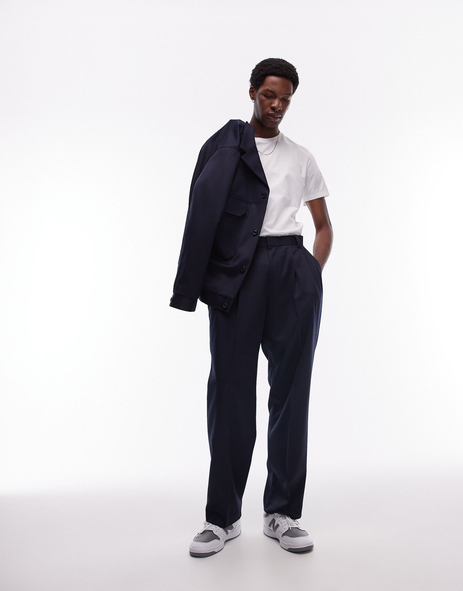 Широкие брюки классические из шерсти Topman темно-синего цвета