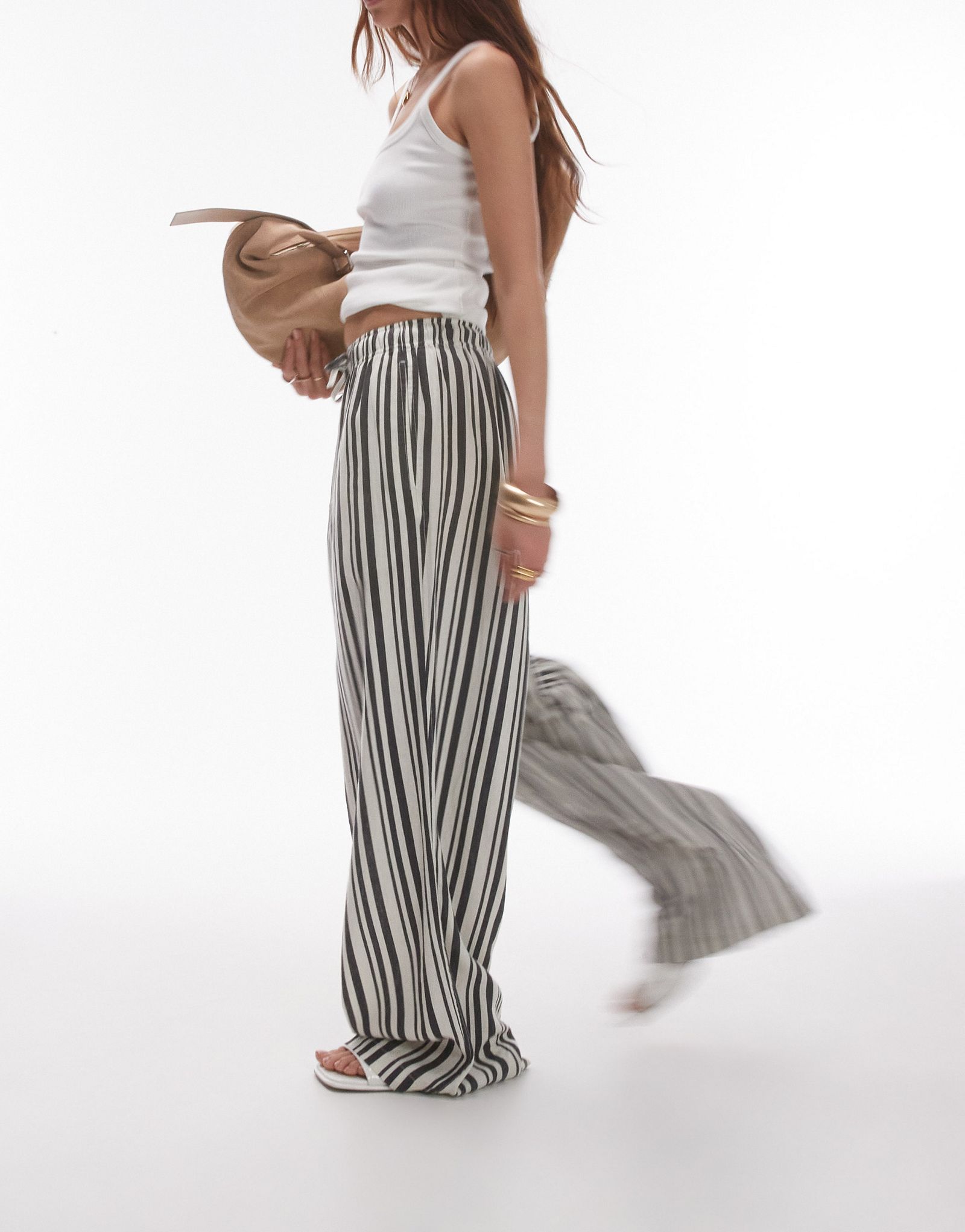 Льняные широкие брюки в полоску Topshop mono 