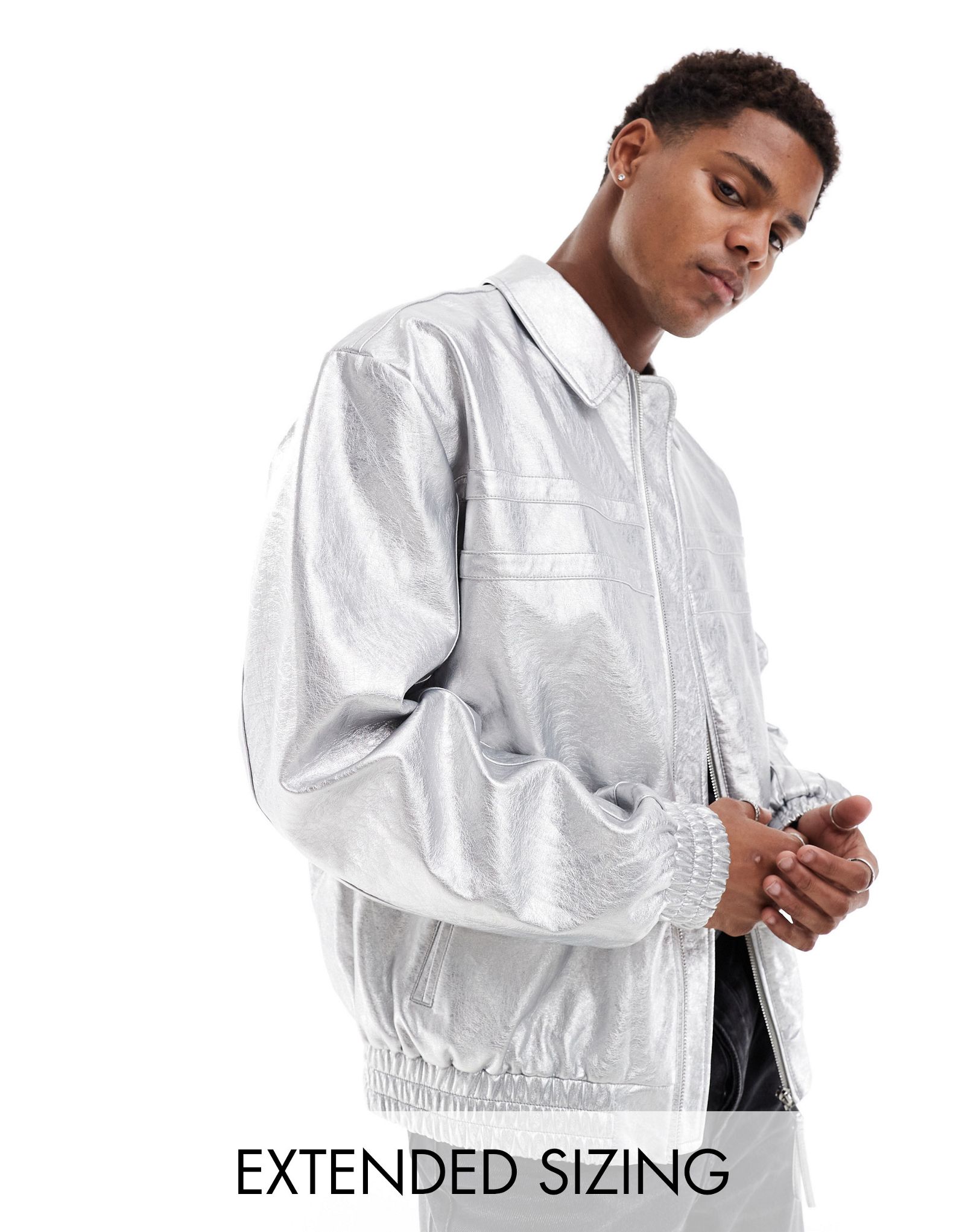ДИЗАЙНЕРСКАЯ куртка harrington оверсайз из искусственной кожи ASOS серебристого цвета ASOS DESIGN