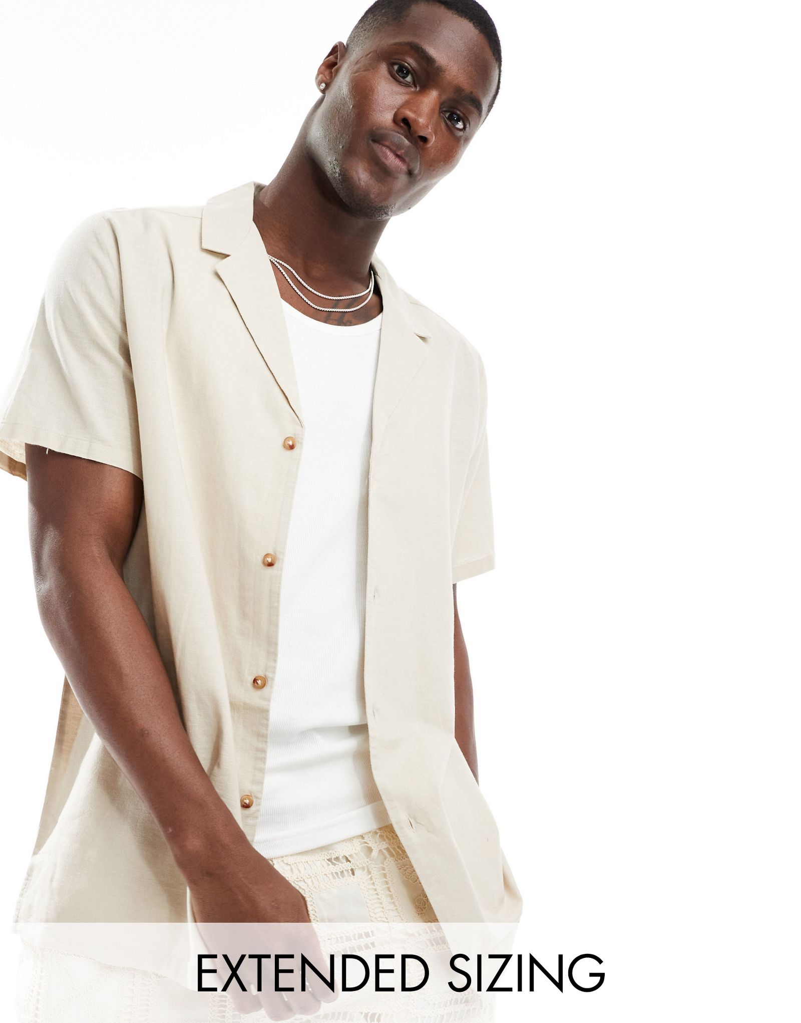 ДИЗАЙНЕРСКАЯ рубашка ASOS с глубоким отложным воротником из льняной смеси в цвете stone 2190₽