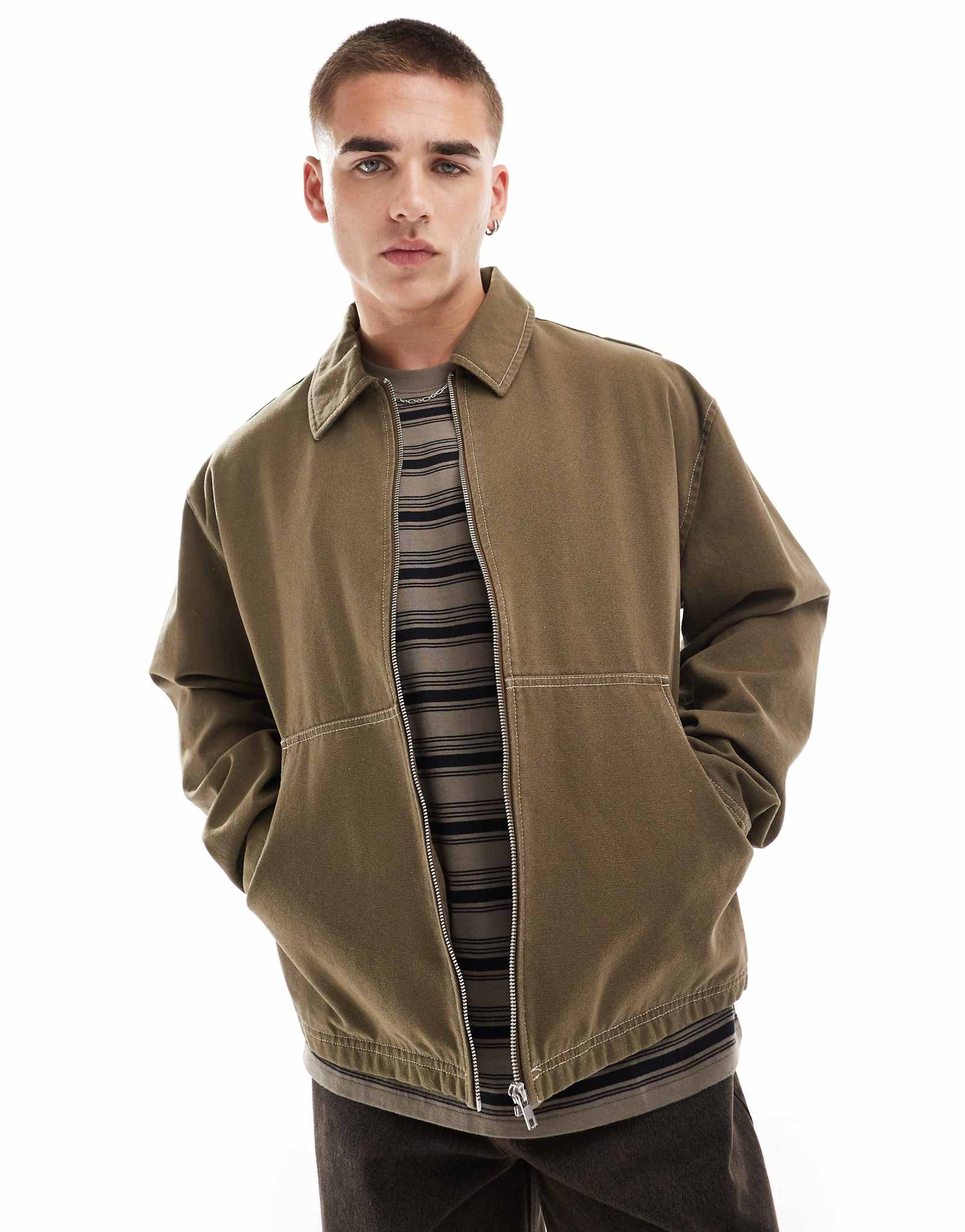 ДИЗАЙНЕРСКАЯ куртка harrington от ASOS коричневого цвета с контрастной строчкой