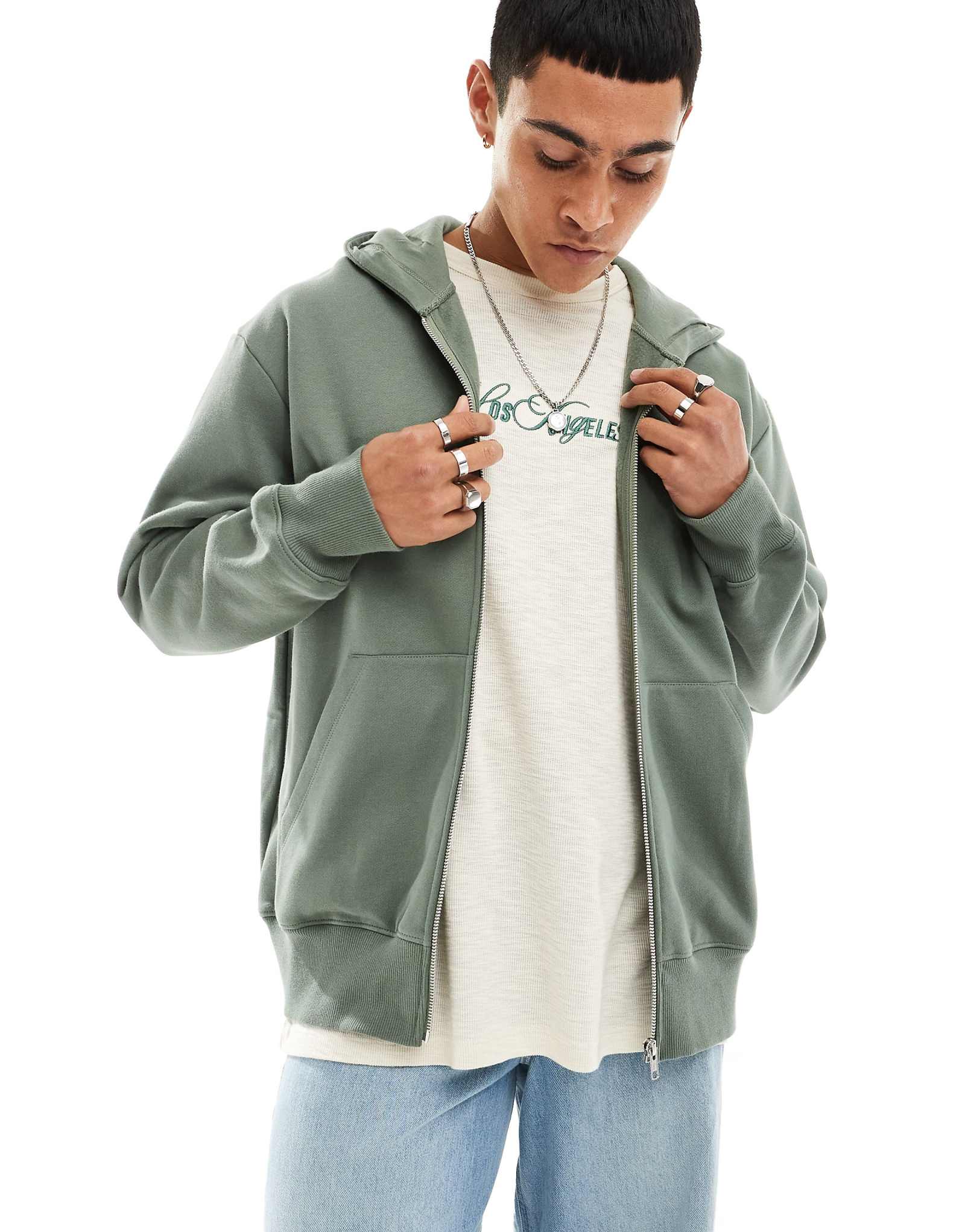 Толстовка с капюшоном ASOS DESIGN heavyweight oversize на молнии зеленого цвета 7590₽