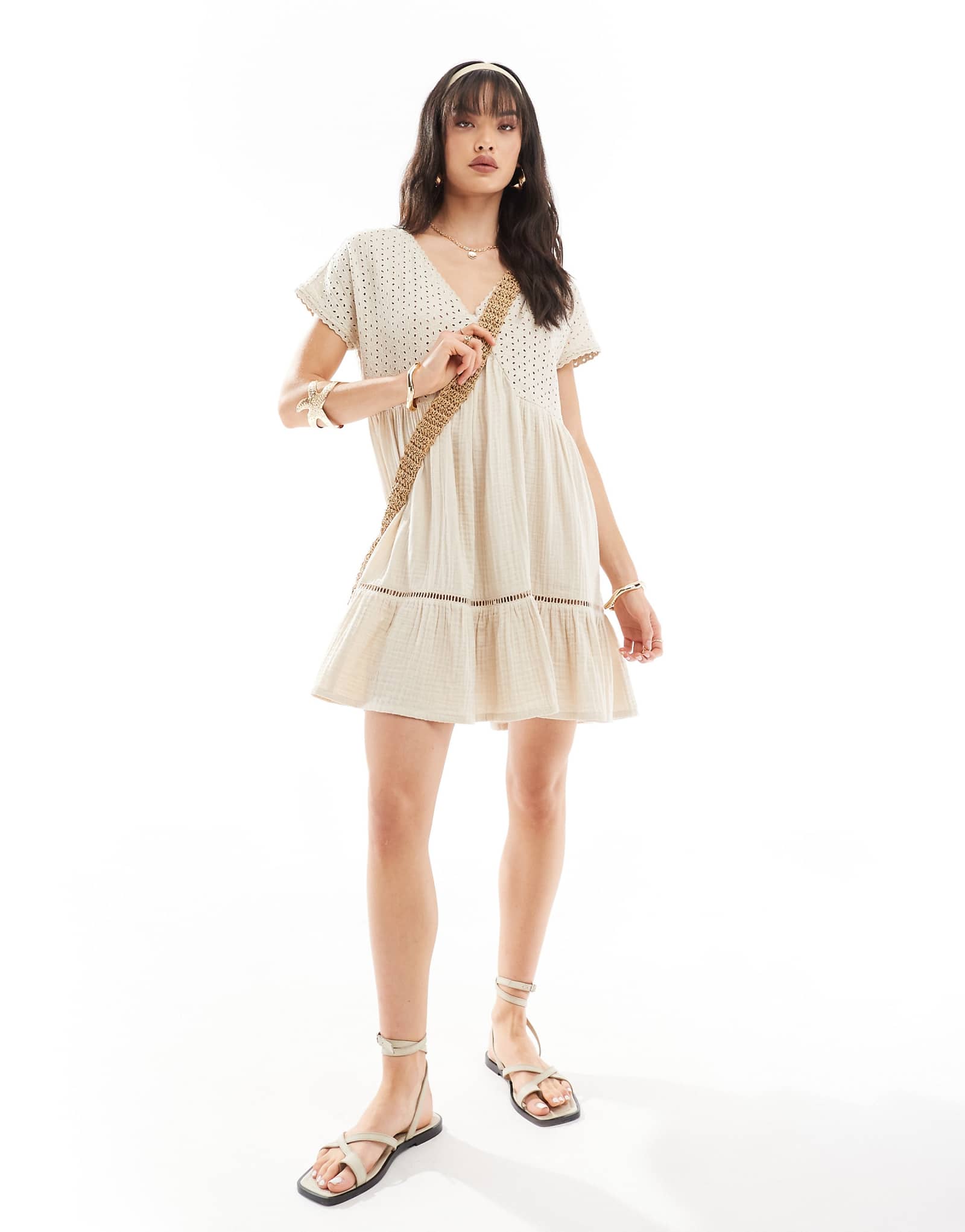 Пляжное мини-платье Iisla - Bird broderie кремового цвета