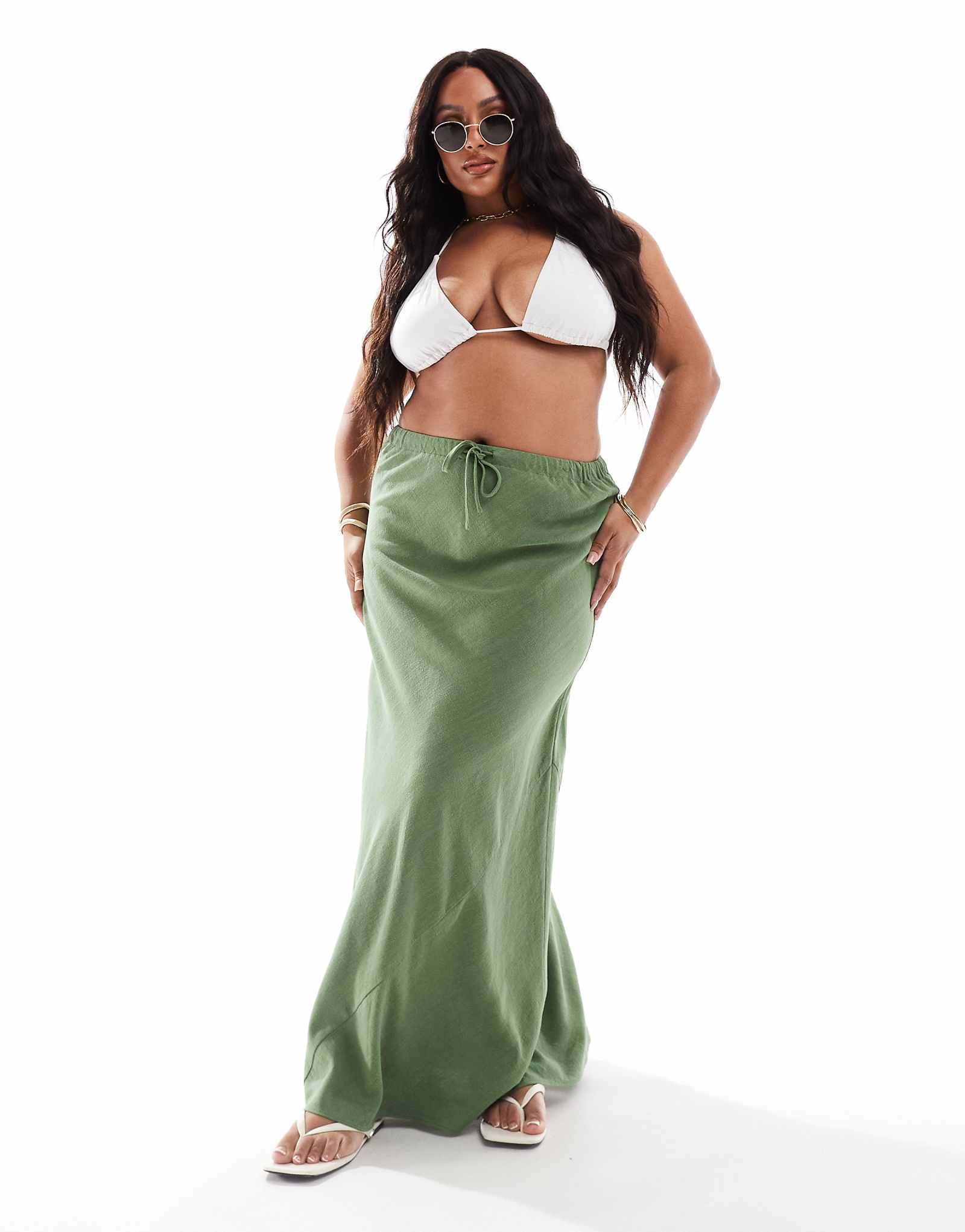 Льняная юбка макси с завышенной талией ASOS DESIGN Curve цвета хаки 7890₽