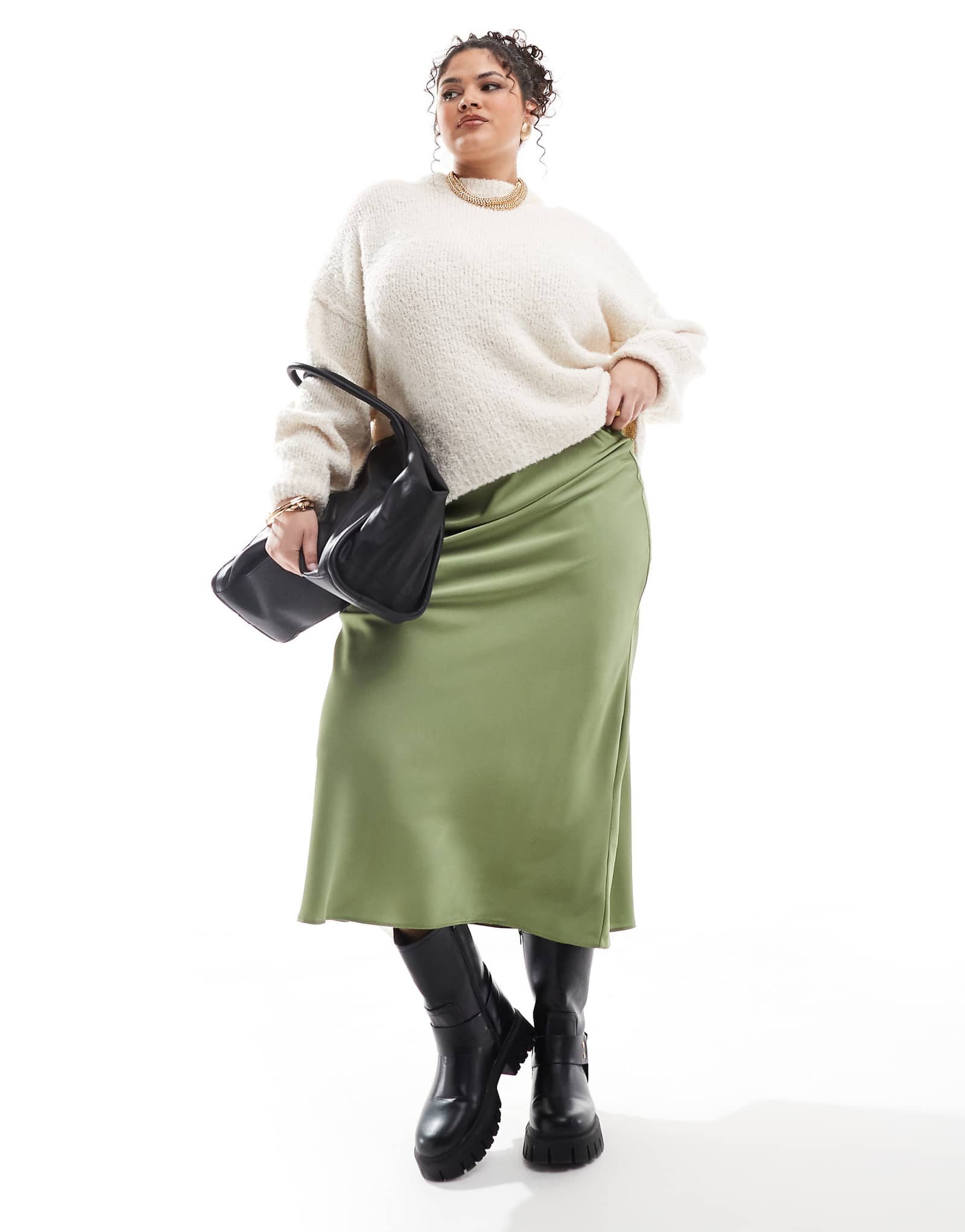 Атласная юбка миди с косым вырезом ASOS DESIGN Curve зеленого цвета 5290₽