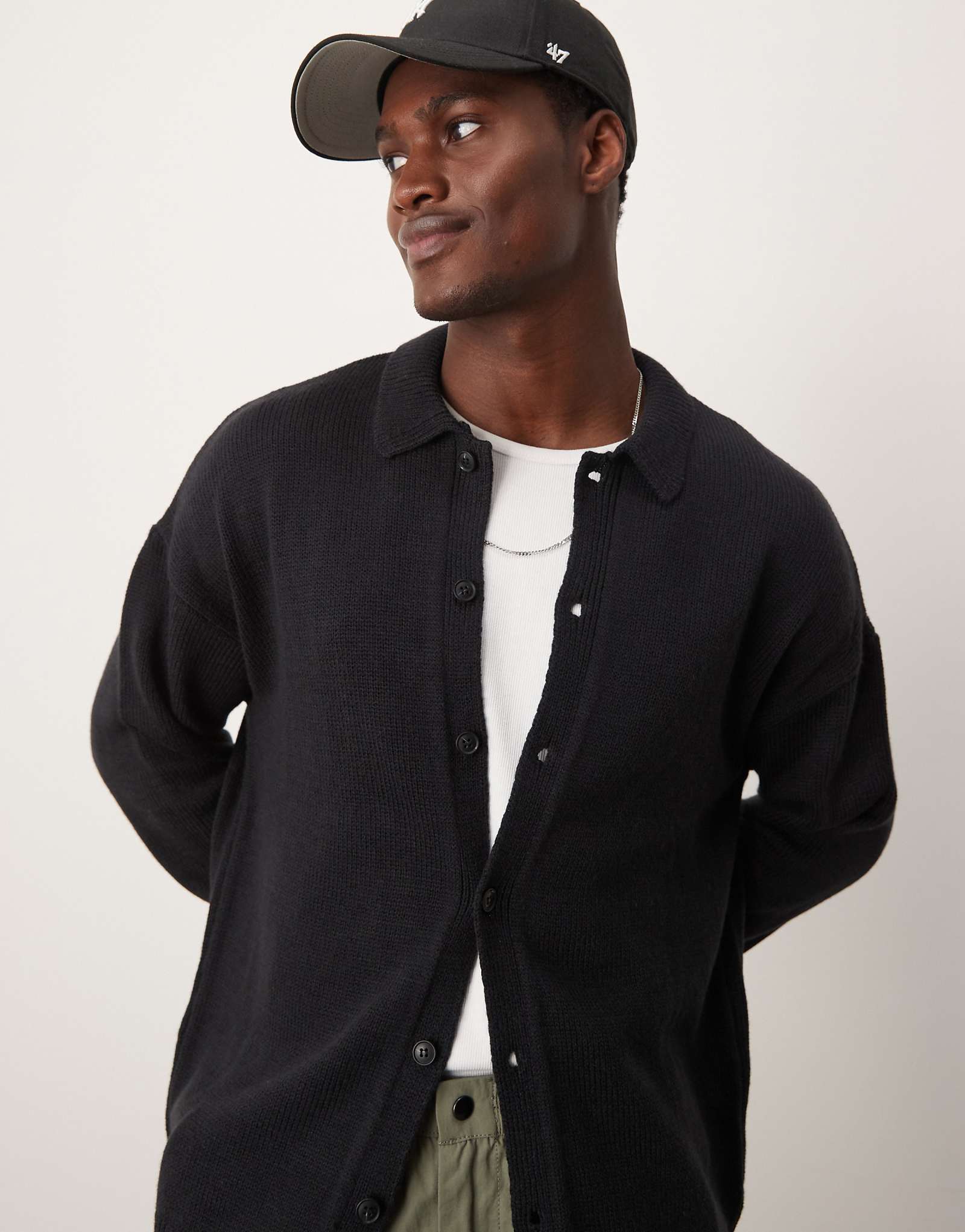 Вязаный кардиган свободного кроя от ASOS DESIGN свободного кроя с воротником-стойкой черного цвета 6190₽