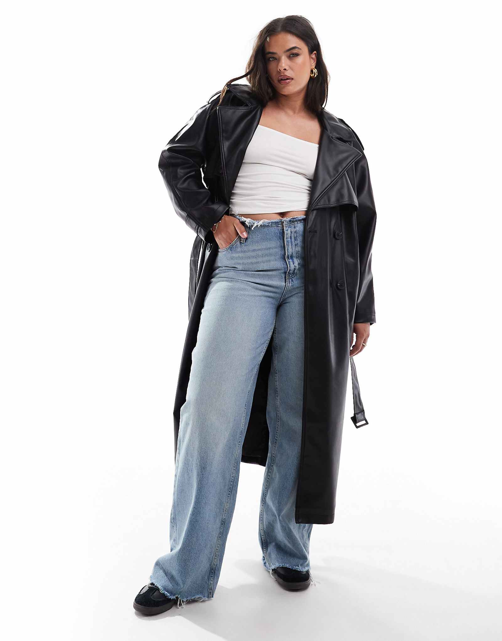 Тренч-пальто ASOS DESIGN Curve из натуральной кожи черного цвета 17890₽