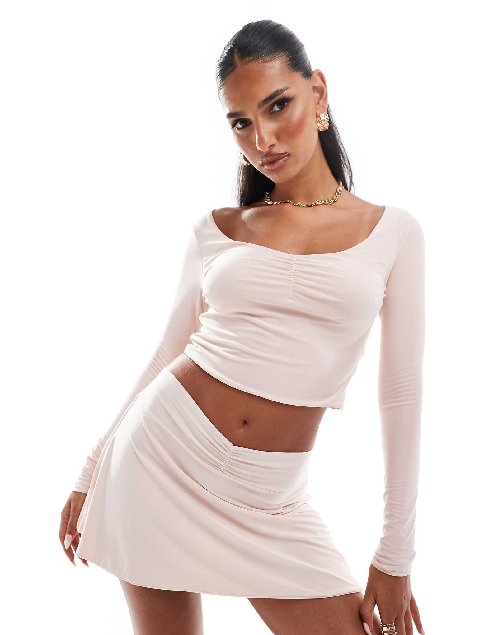 Топ с длинными рукавами и рюшами Kaiia soft touch светло-розового цвета - часть комплекта 2690₽