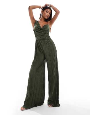 Асимметричный облегающий комбинезон ASOS DESIGN plisse с драпировкой цвета хаки