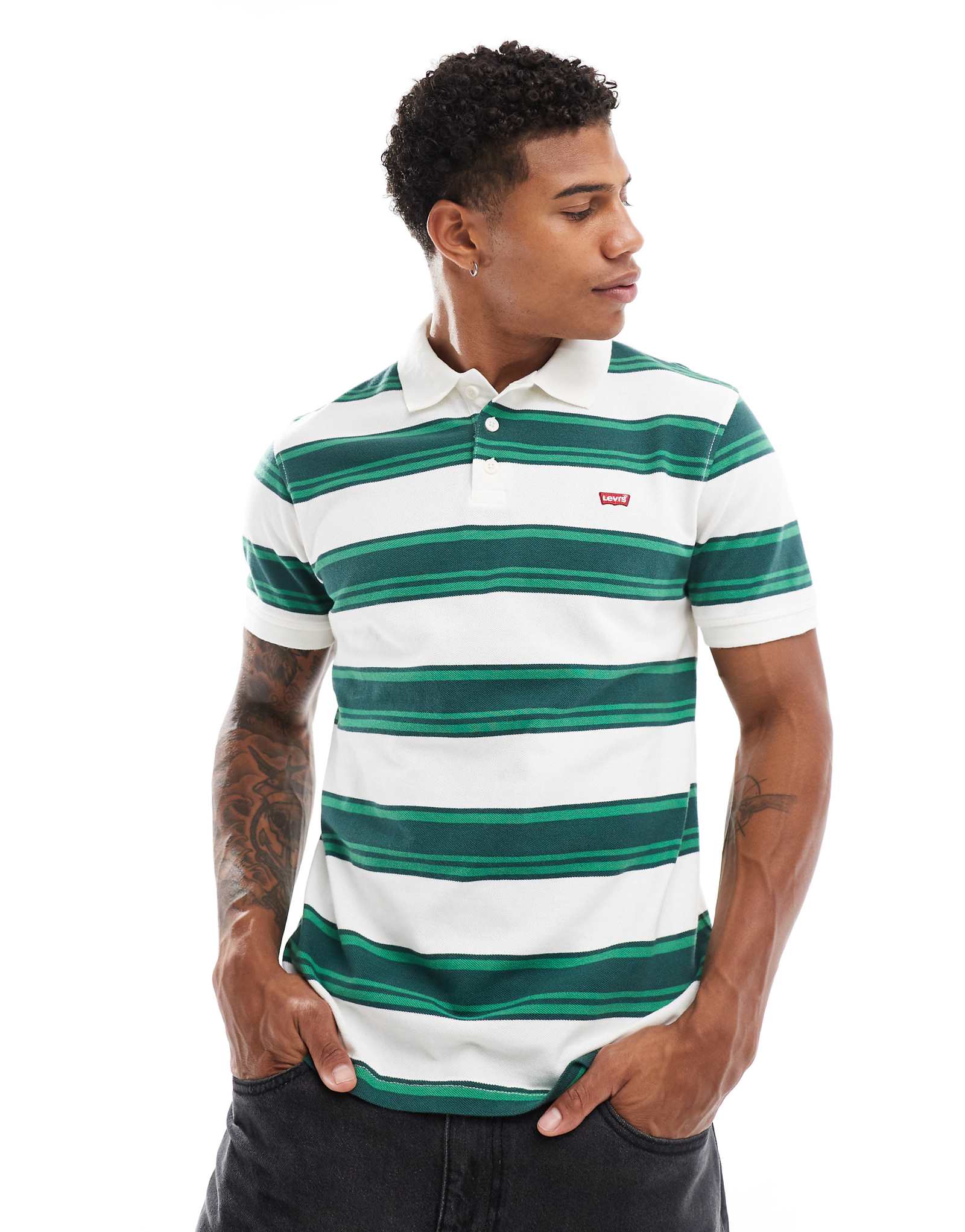 Зеленое поло из пике в полоску с логотипом Levis batwing цвет зеленый 9890₽