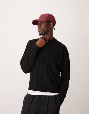 Вязаный свитер поло в рубчик с длинным рукавом свободного кроя от ASOS DESIGN черного цвета