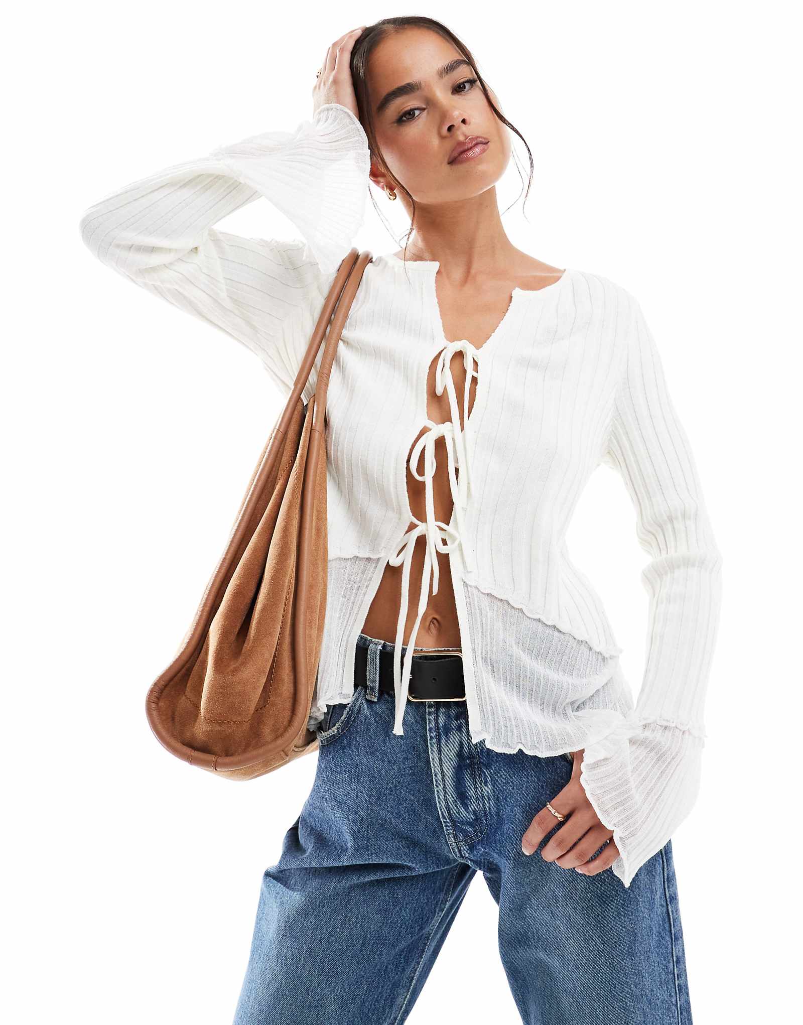 ДИЗАЙНЕРСКИЙ кардиган ASOS с завязками спереди и прозрачным низом кремового цвета 9190₽