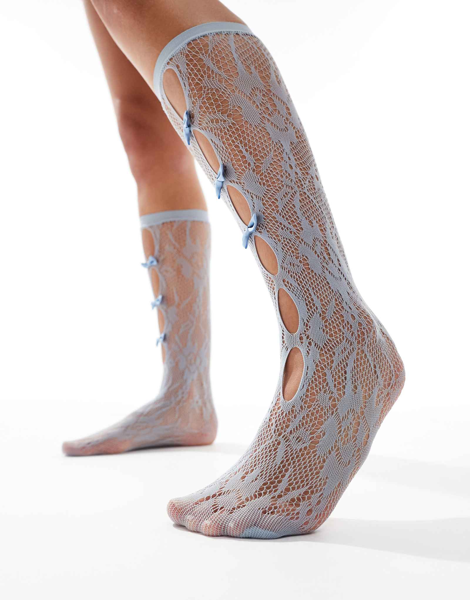 Гламурные носки-пуантельки с бантом спереди синего цвета 2190₽