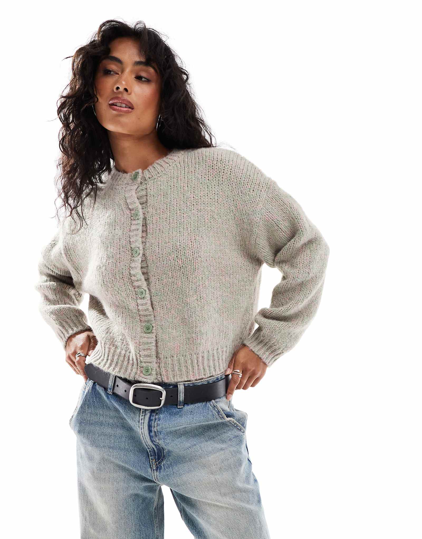 Разноцветный плотный кардиган Stradivarius розового и зеленого цветов 7090₽