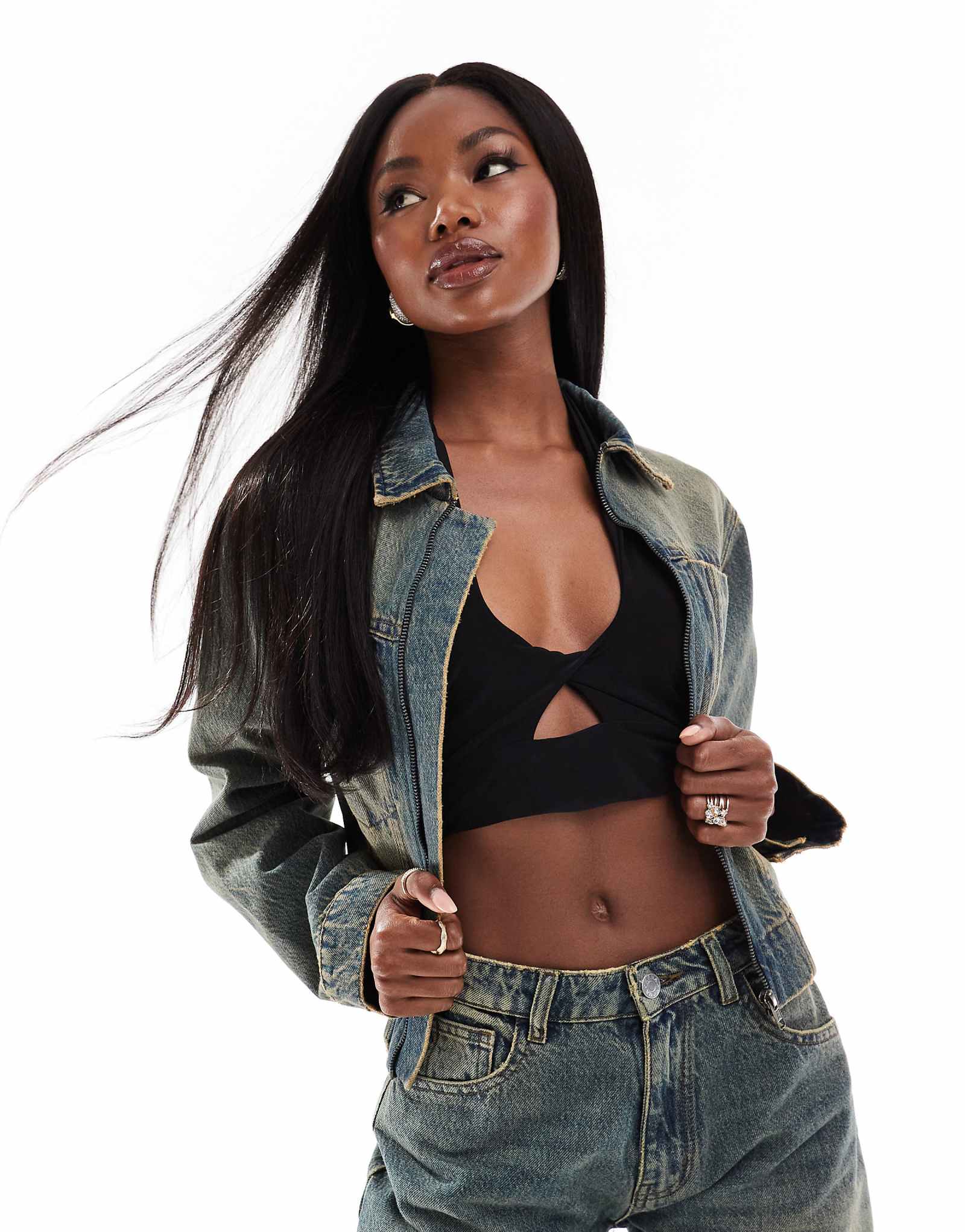 Джинсовая куртка на молнии Kaiia темно-синего цвета с отбеливателем - часть комплекта 9890₽