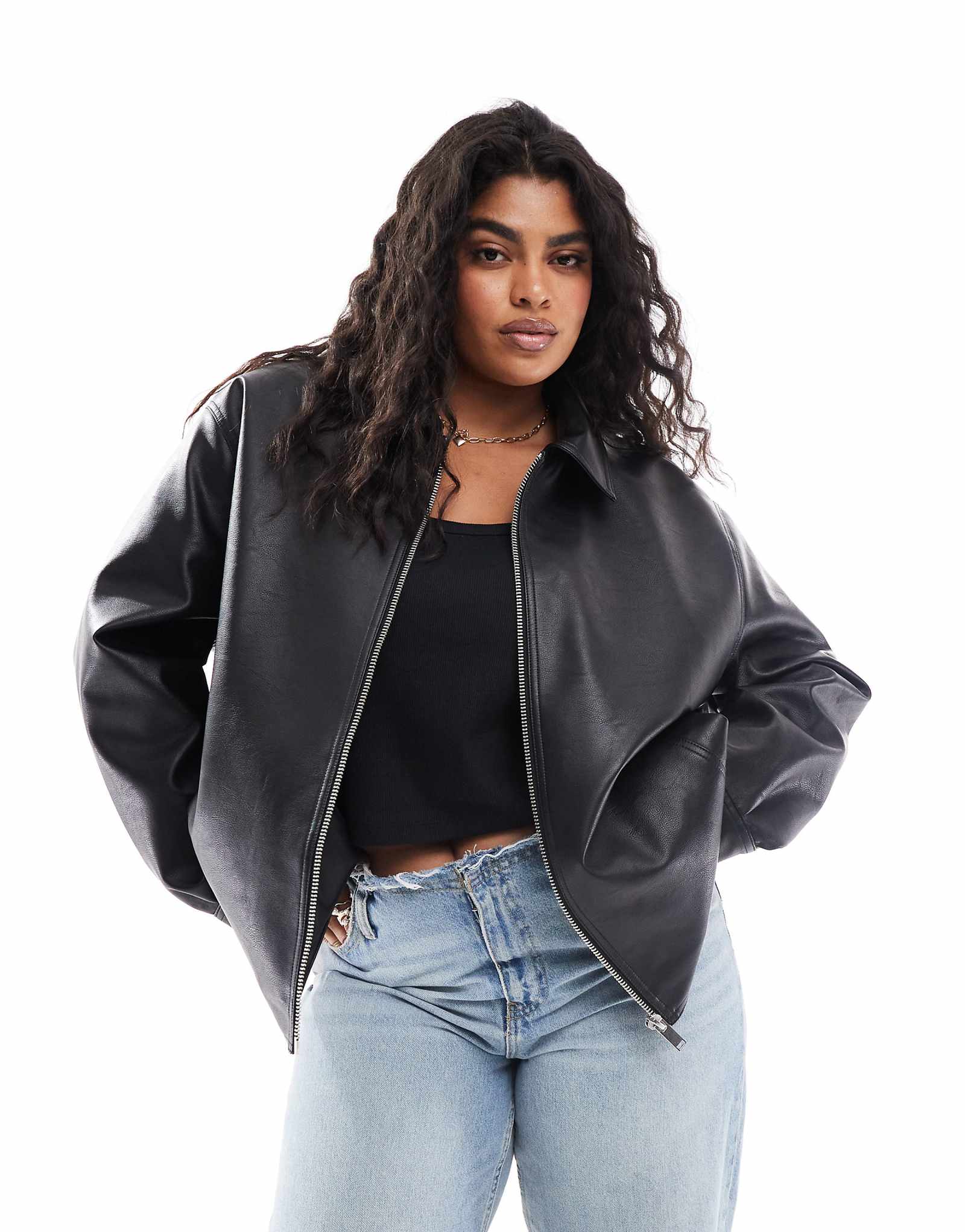 Кожаная куртка harrington look черного цвета с изогнутой молнией спереди от ASOS DESIGN 14690₽