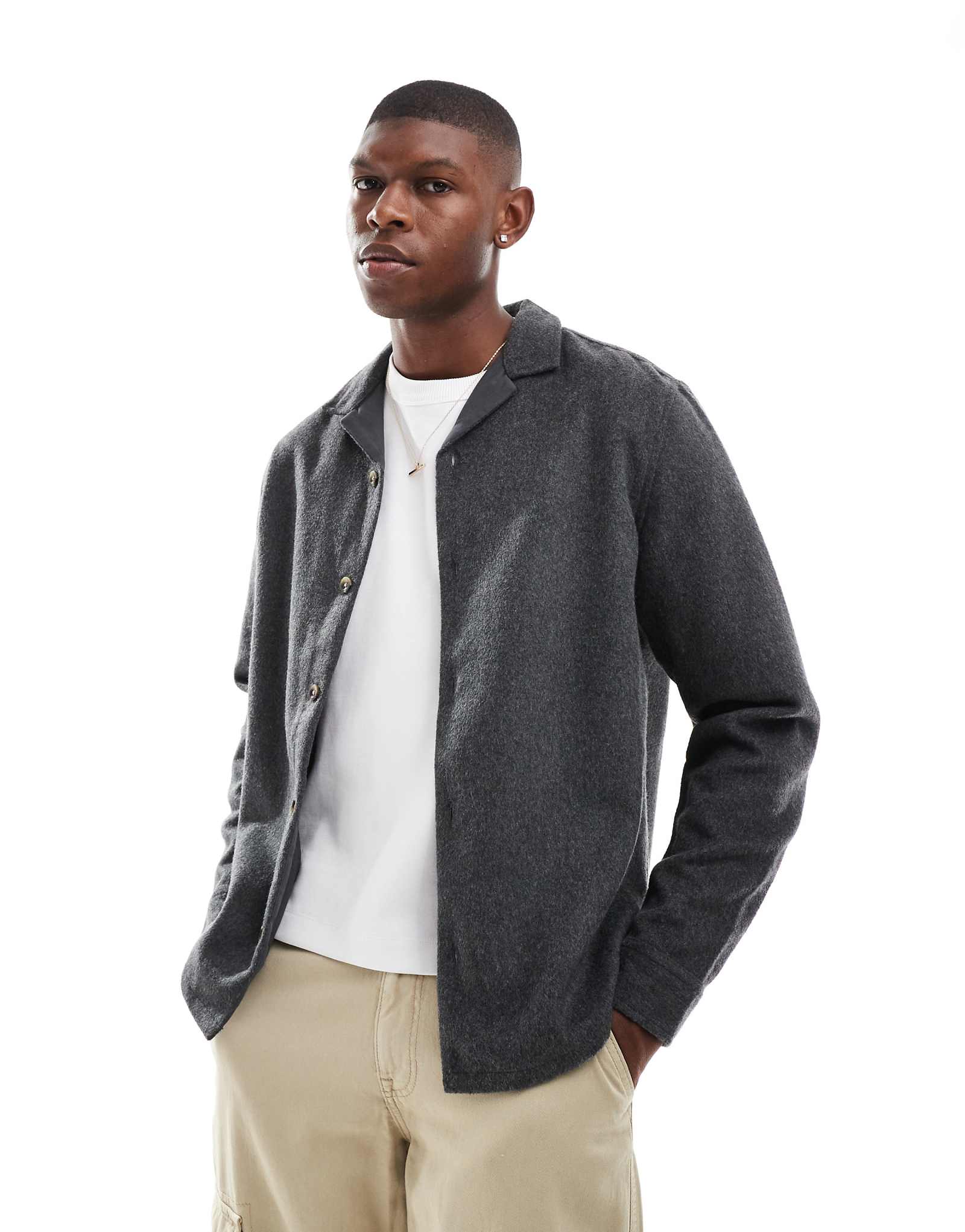 ДИЗАЙНЕРСКАЯ шерстяная верхняя рубашка ASOS с воротником revere черного цвета 4190₽