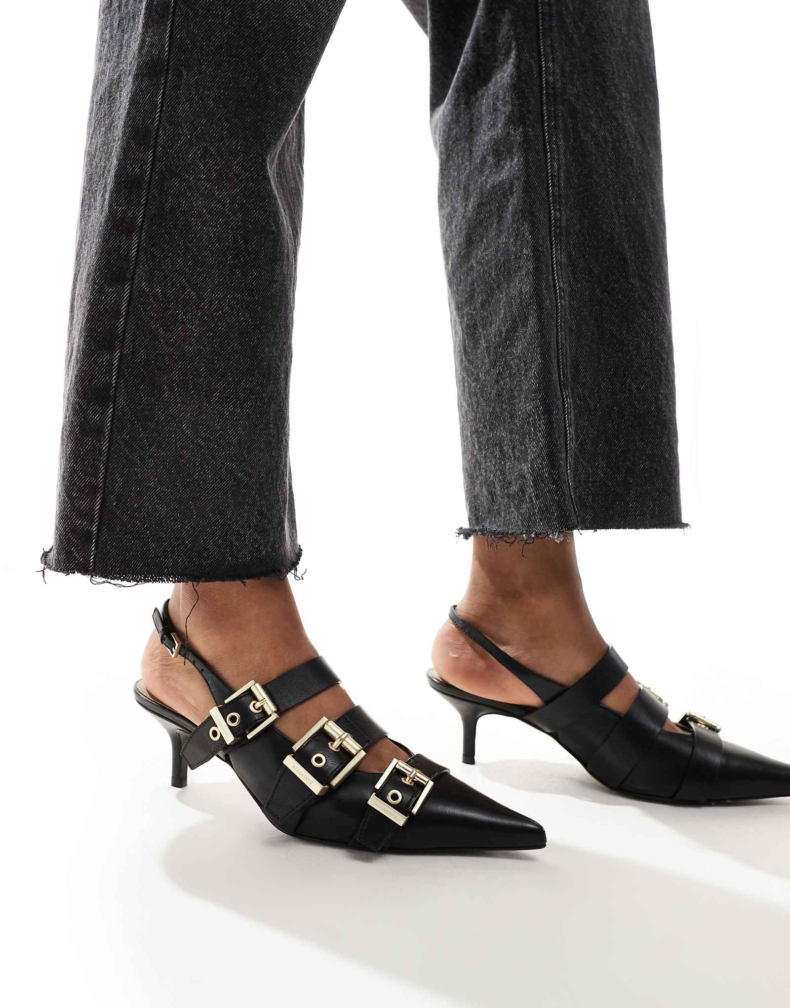Кожаные туфли на высоком каблуке AllSaints Grace с пряжкой и ремешком на спине черного цвета 46990₽