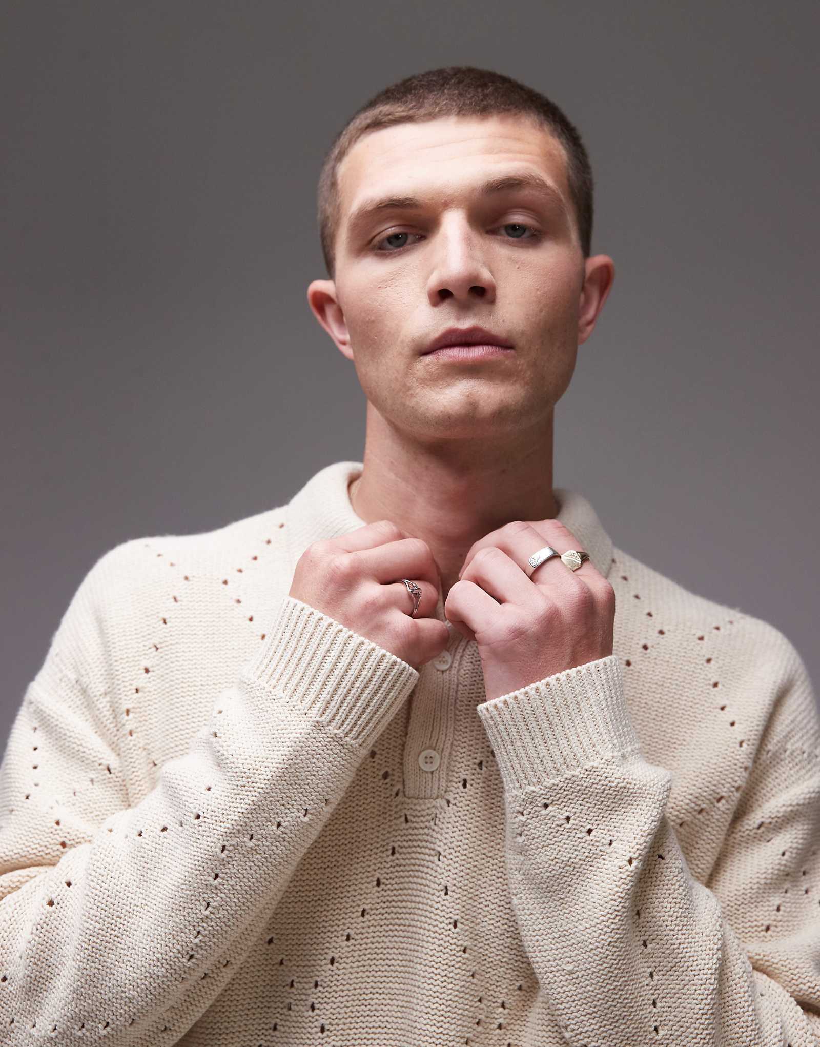 Свитер оверсайз ромбовидной вязки Topman с воротником цвета экрю 4090₽