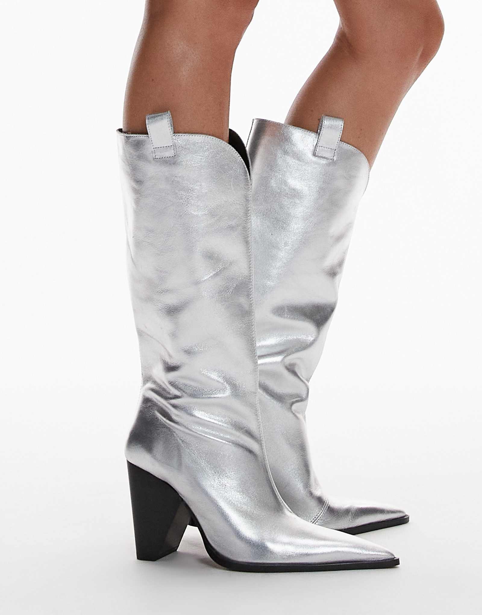 Серебристые кожаные сапоги на высоком каблуке Topshop Remy премиум-класса в западном стиле 22690₽