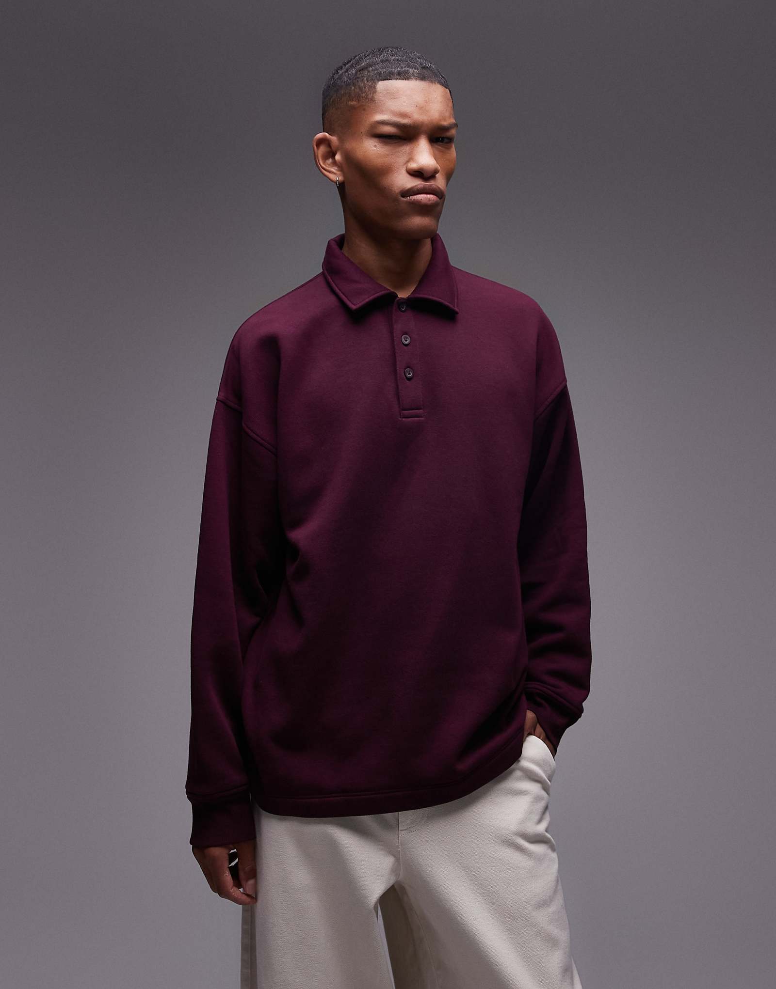 Футболка-поло Topman oversize с длинным рукавом из плотной ткани бордового цвета 4290₽