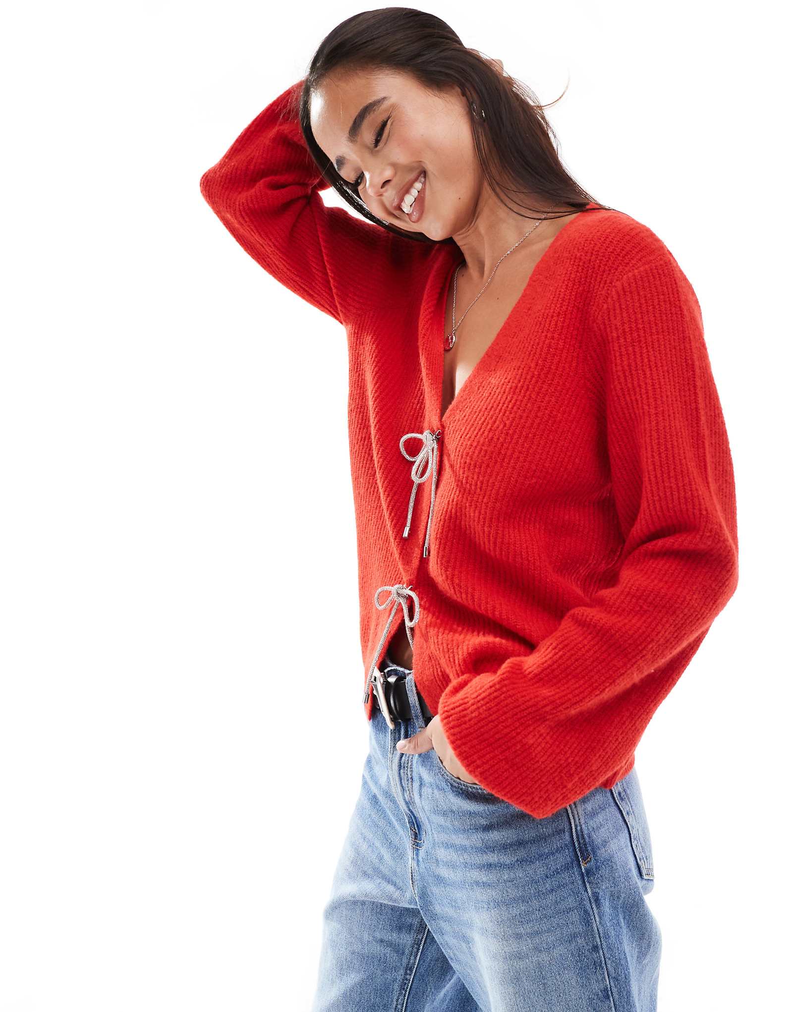 Кардиган из кусочков с украшенными галстуками-бабочками красного цвета 12890₽