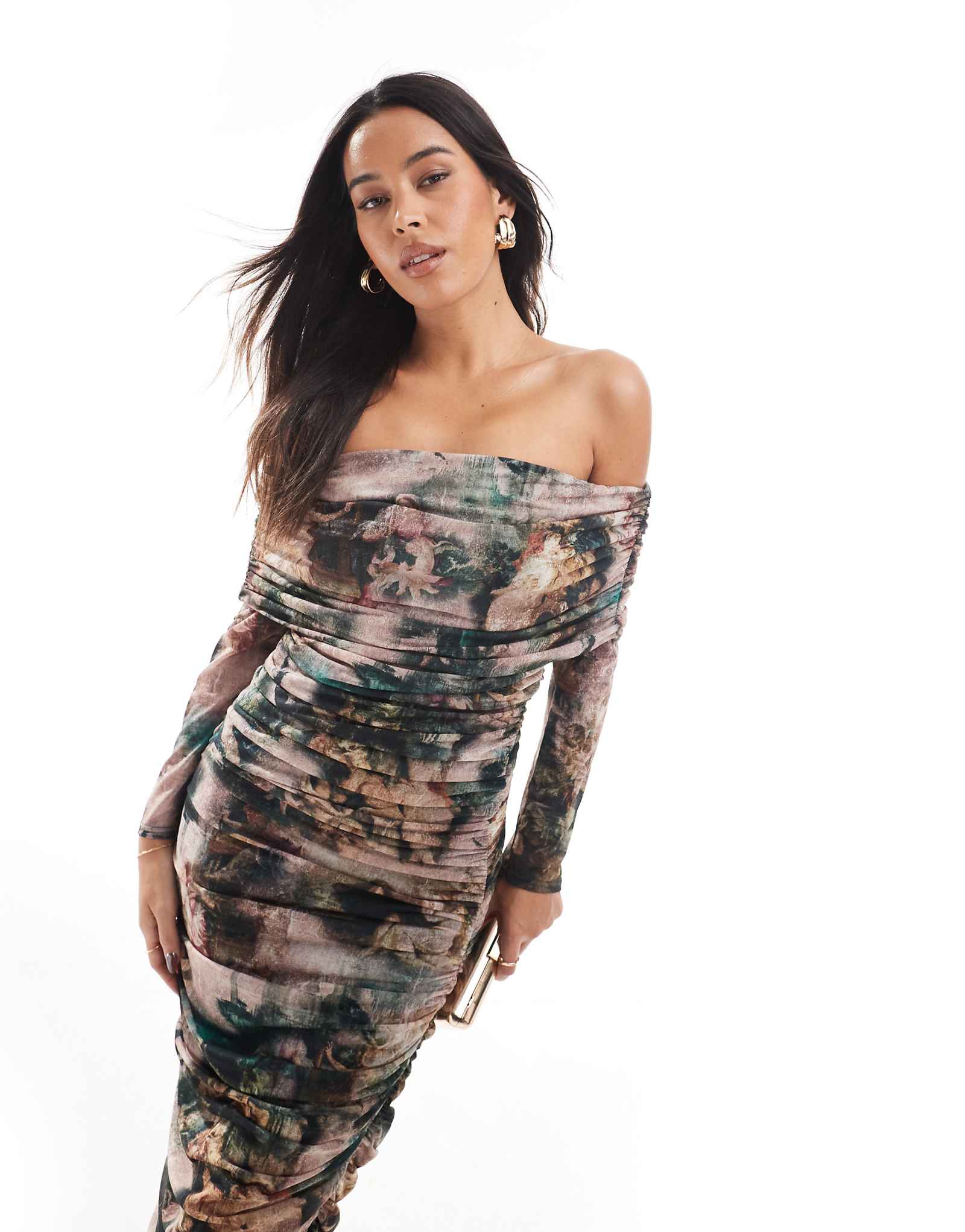 Сетчатое платье миди с открытыми плечами Never Fully Dressed с принтом херувимов