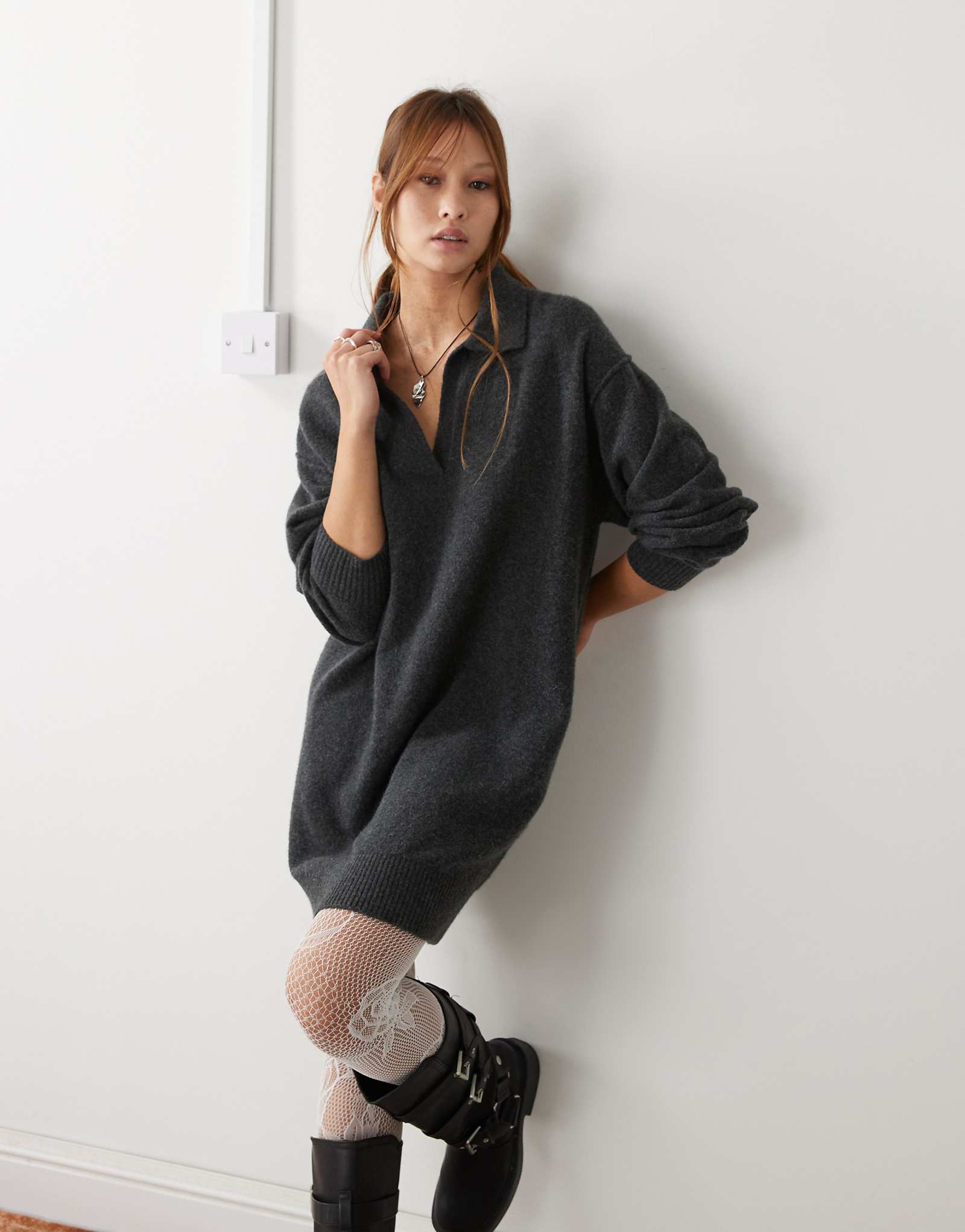 Повседневное трикотажное мини-платье-поло Tahlia с воротником-поло из черного меланжа эксклюзивно для ASOS 4090₽