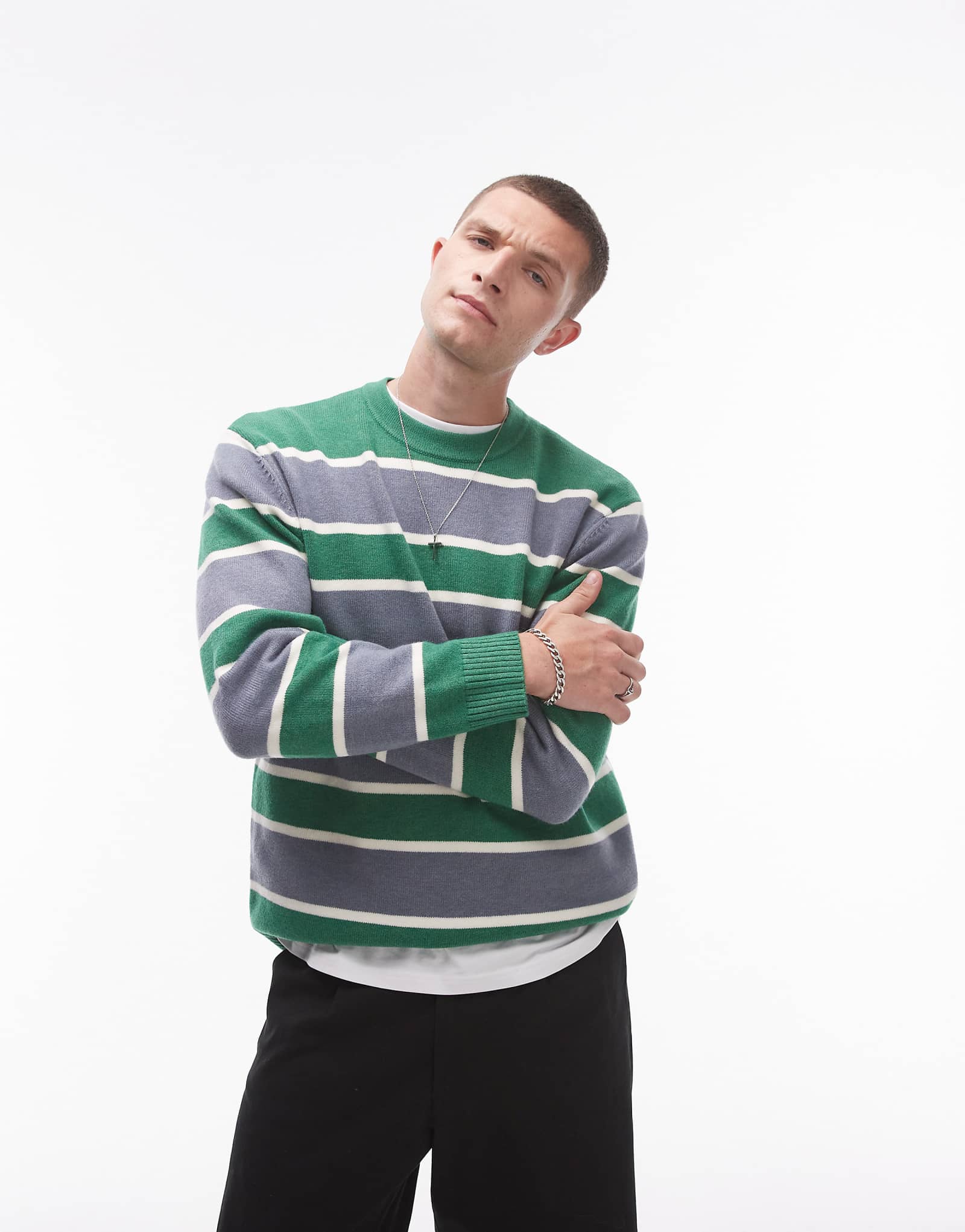 Свитер с ворсом с круглым вырезом Topman в серо-зеленую полоску 3590₽