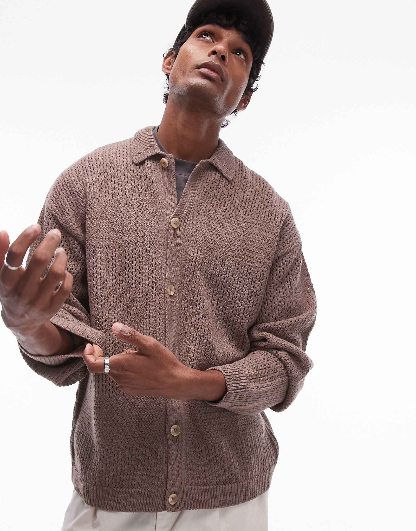 Коричневое вязаное поло с длинным рукавом и воротником-стойкой Topman revere 7090₽