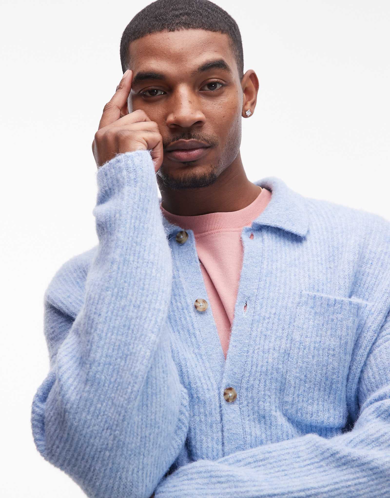 Кардиган свободного кроя с воротником-стойкой Topman светло-голубого цвета 12290₽