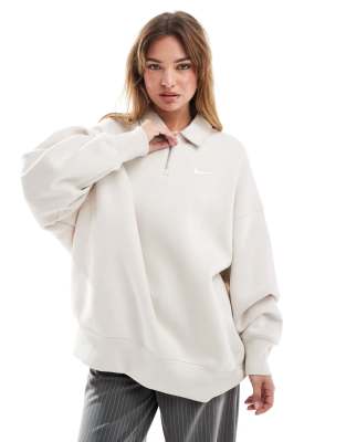 Толстовка-поло Nike Phoenix Fleece oversize на молнии 1/2 бежевого цвета