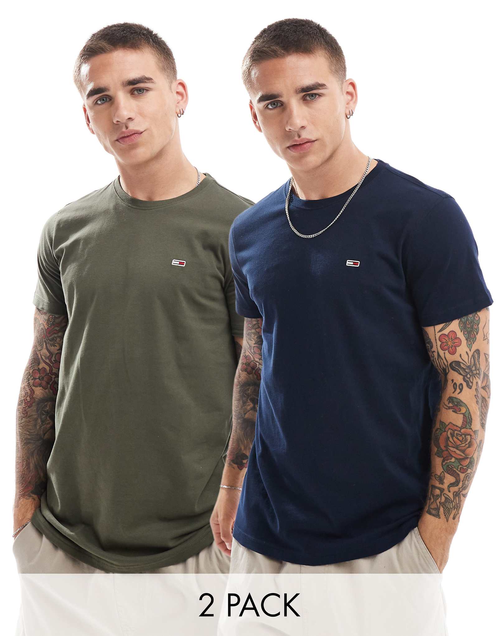 Tommy Jeans - 2 комплекта тонких футболок с логотипом flag цвета темного хаки и темно-синего 11290₽