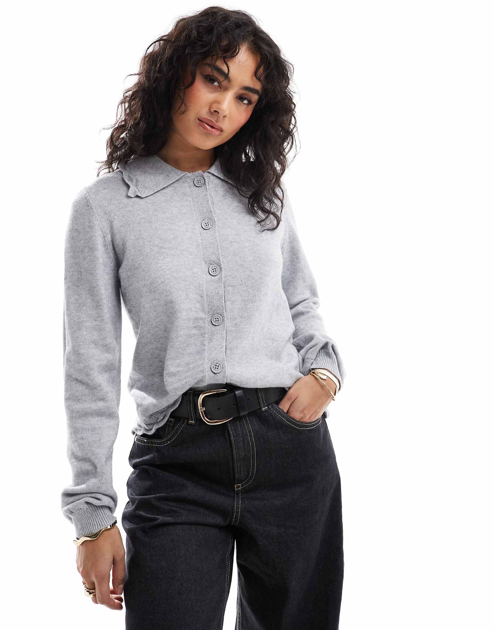 Кардиган-поло Object светло-серого цвета с фестончатой отделкой 5190₽