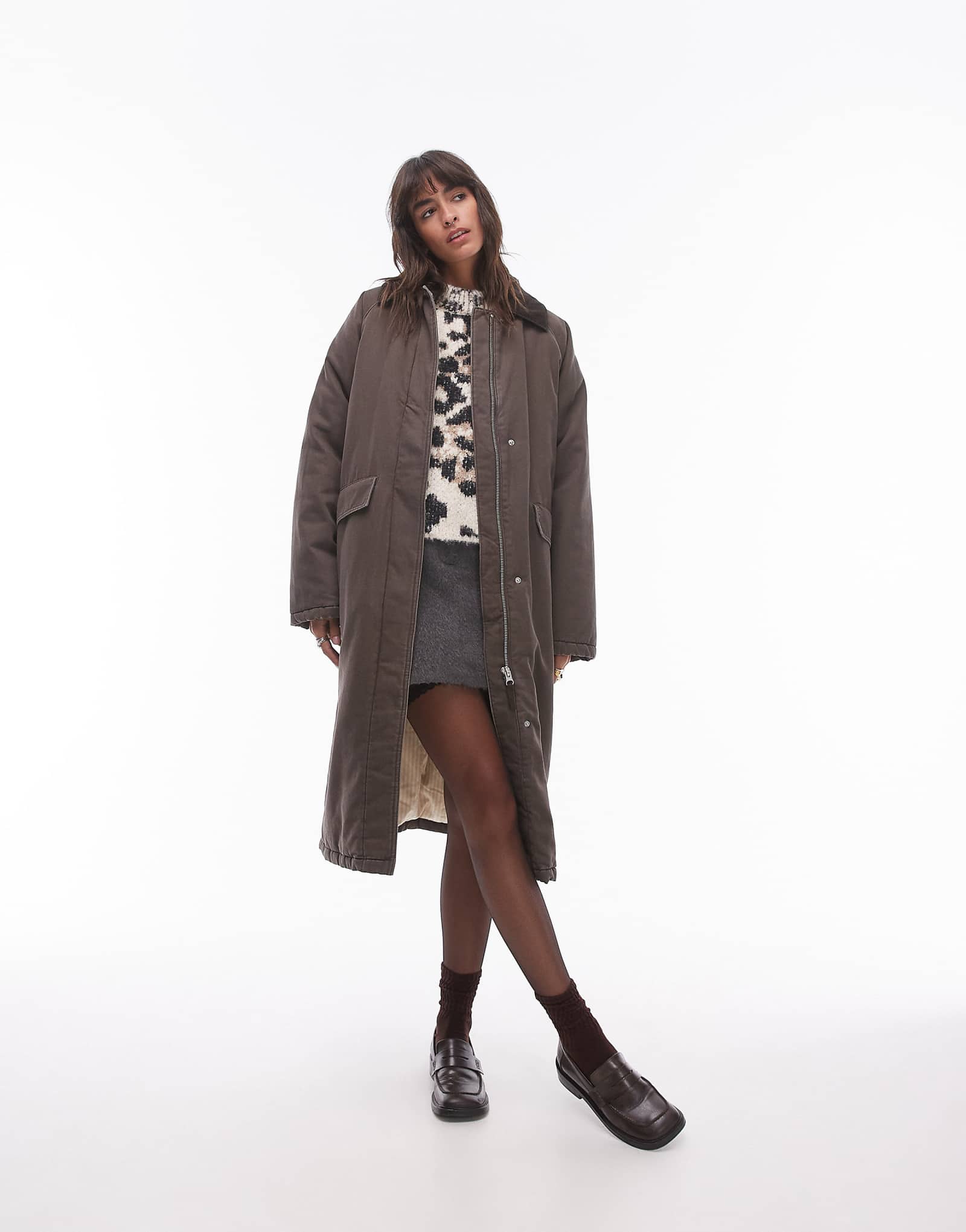 Длинная хлопчатобумажная куртка Topshop коричневого цвета 12790₽