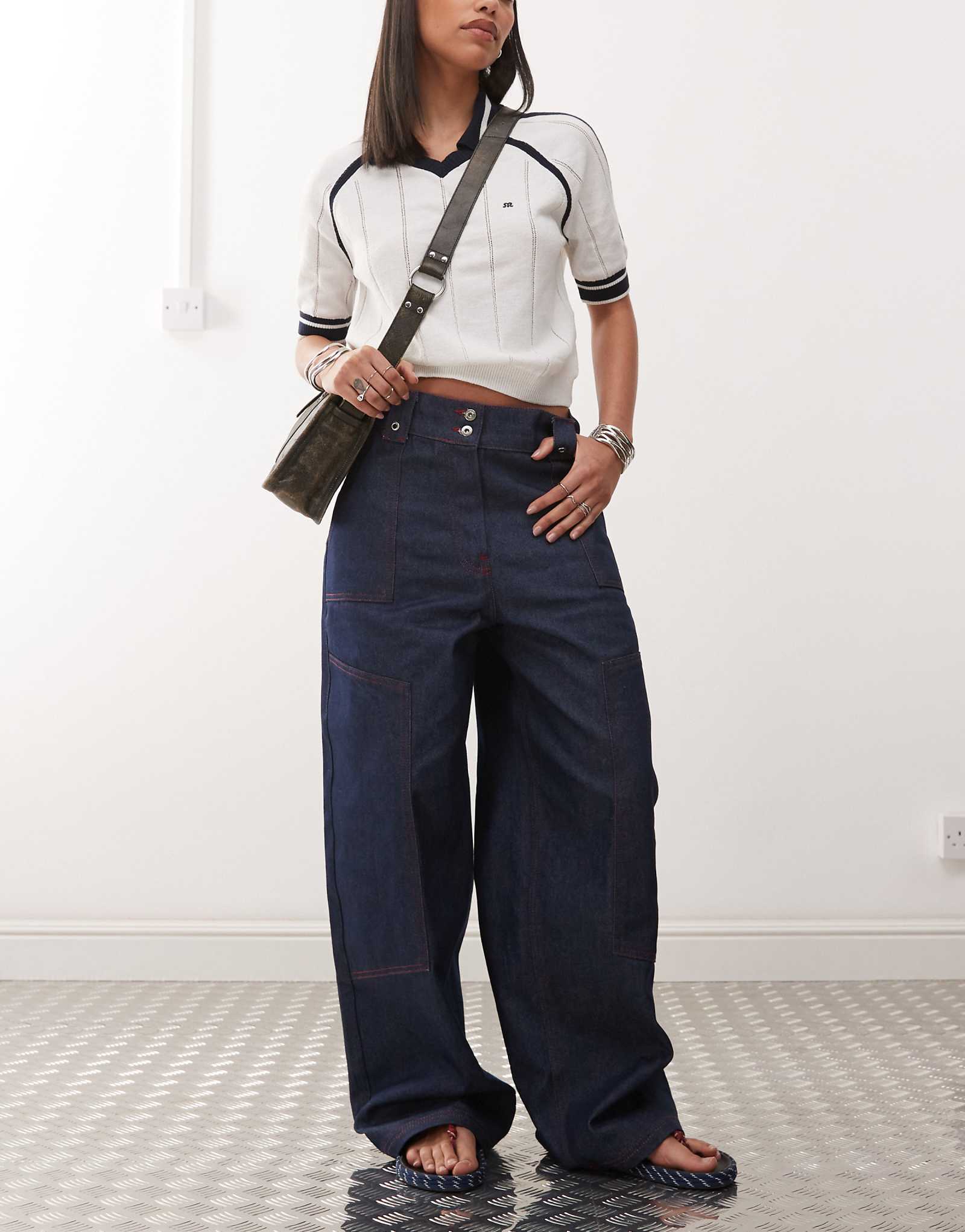 Мешковатые джинсы COLLUSION X002 с контрастной строчкой после стирки в сыром виде 3790₽