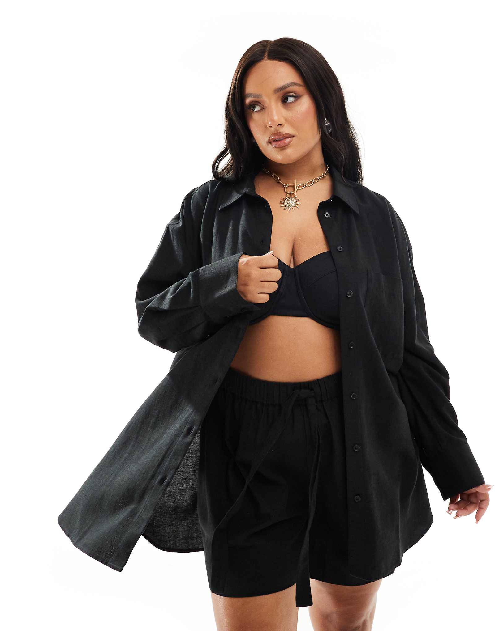 Пляжная рубашка оверсайз из льняной смеси ASOS DESIGN Curve Isabel mix -match черного цвета 5490₽
