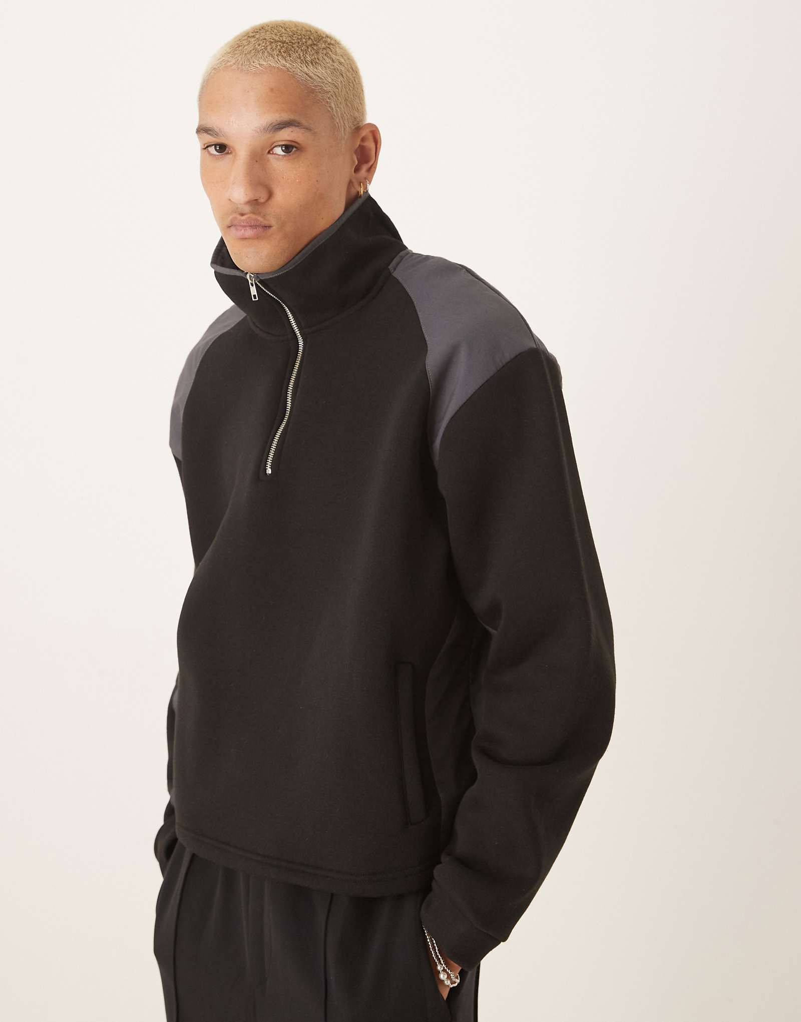 ДИЗАЙНЕРСКИЙ свитер свободного кроя оверсайз от ASOS с контрастными нейлоновыми вставками из черного флиса 3090₽