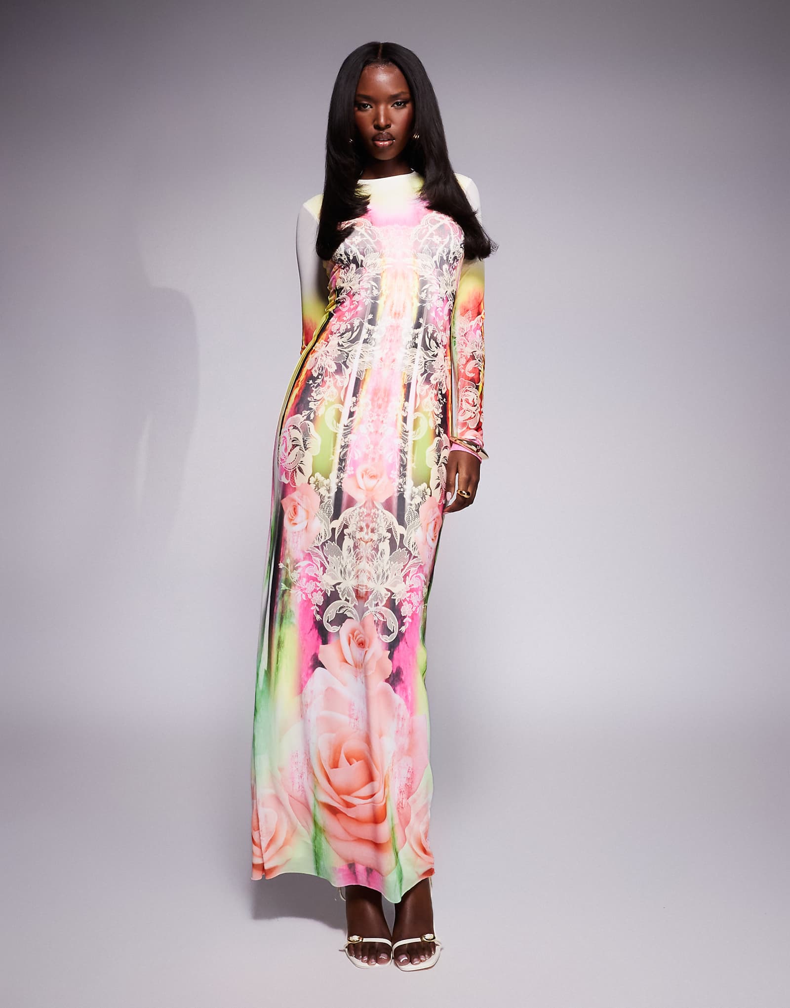 Сетчатое миди-платье AFRM Didi с длинным рукавом и гранжевым кружевным принтом