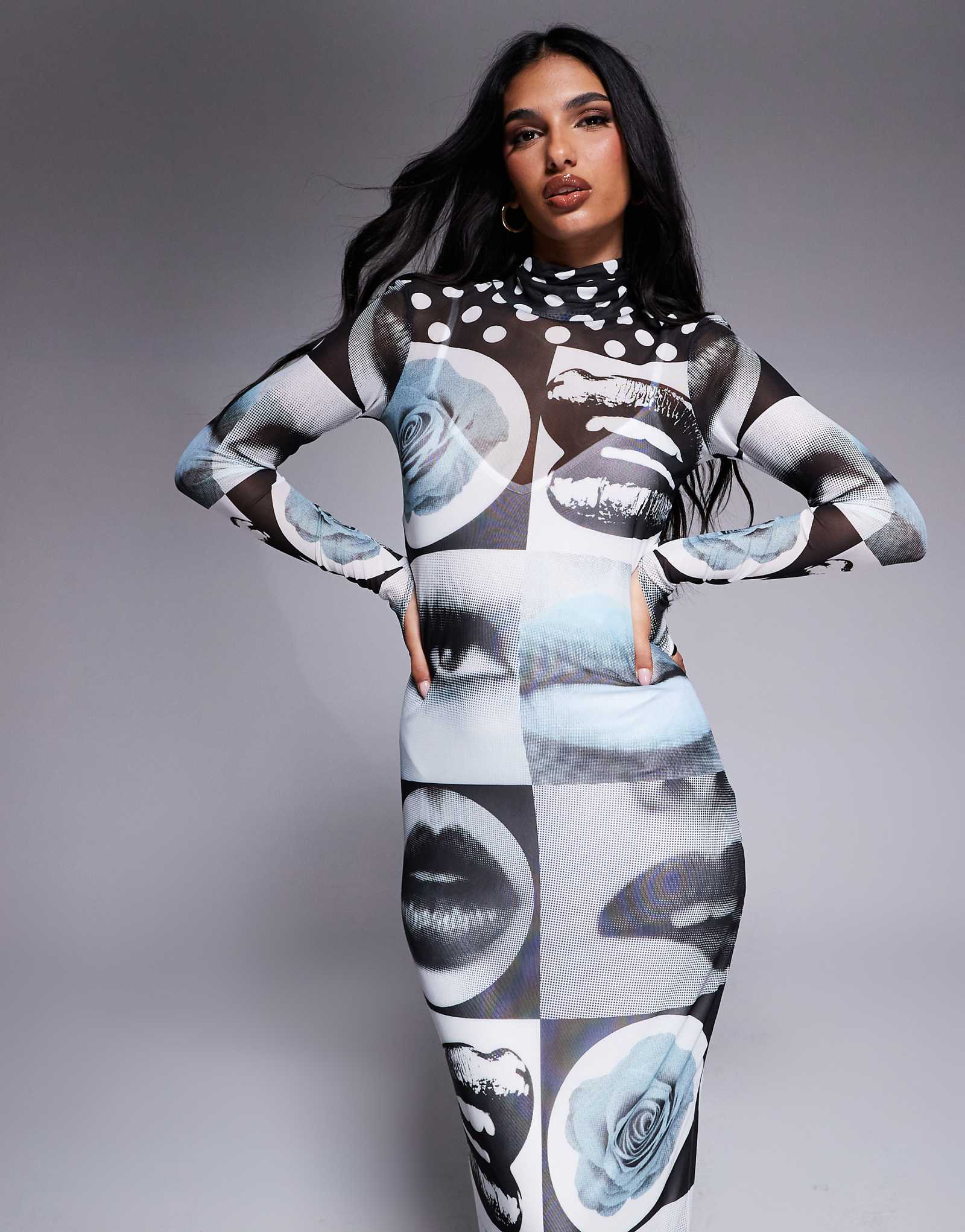 Платье миди-длины AFRM Shailene с имитацией шеи и съемной подкладкой в стиле монохромного поп-арта 6490₽