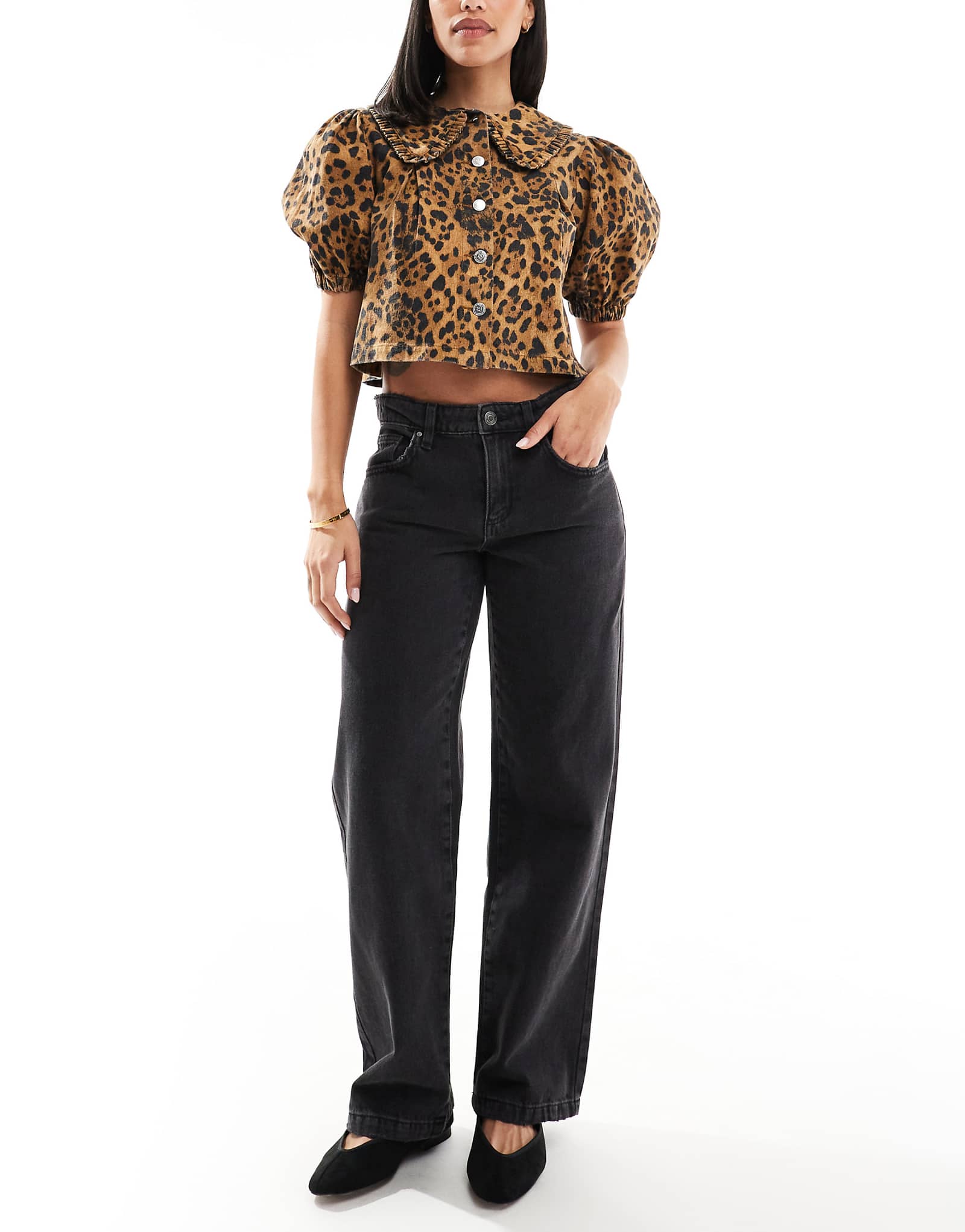 Прямые джинсы из хлопка с низкой посадкой графитово-черного цвета 11190₽