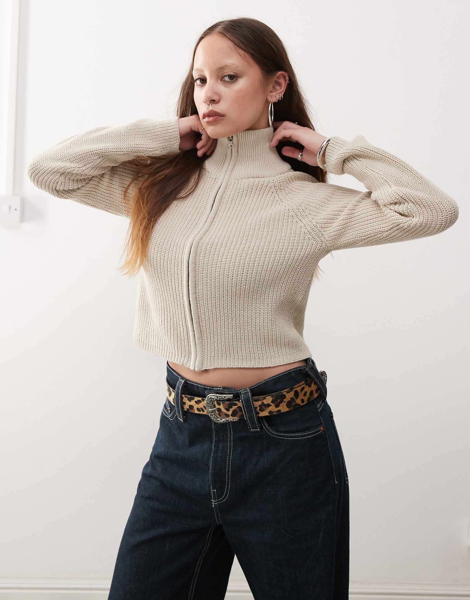 Шумно мая молнии воронка шеи вязать кардиган бежевый 3590₽