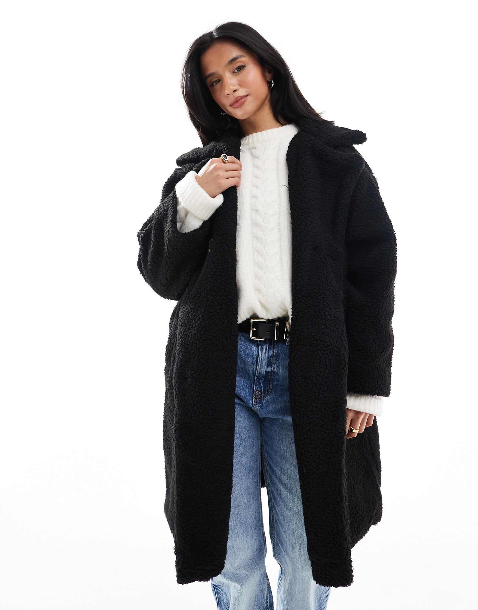 Двубортный удлиненный жакет тедди DTT Petite Teddy черного цвета