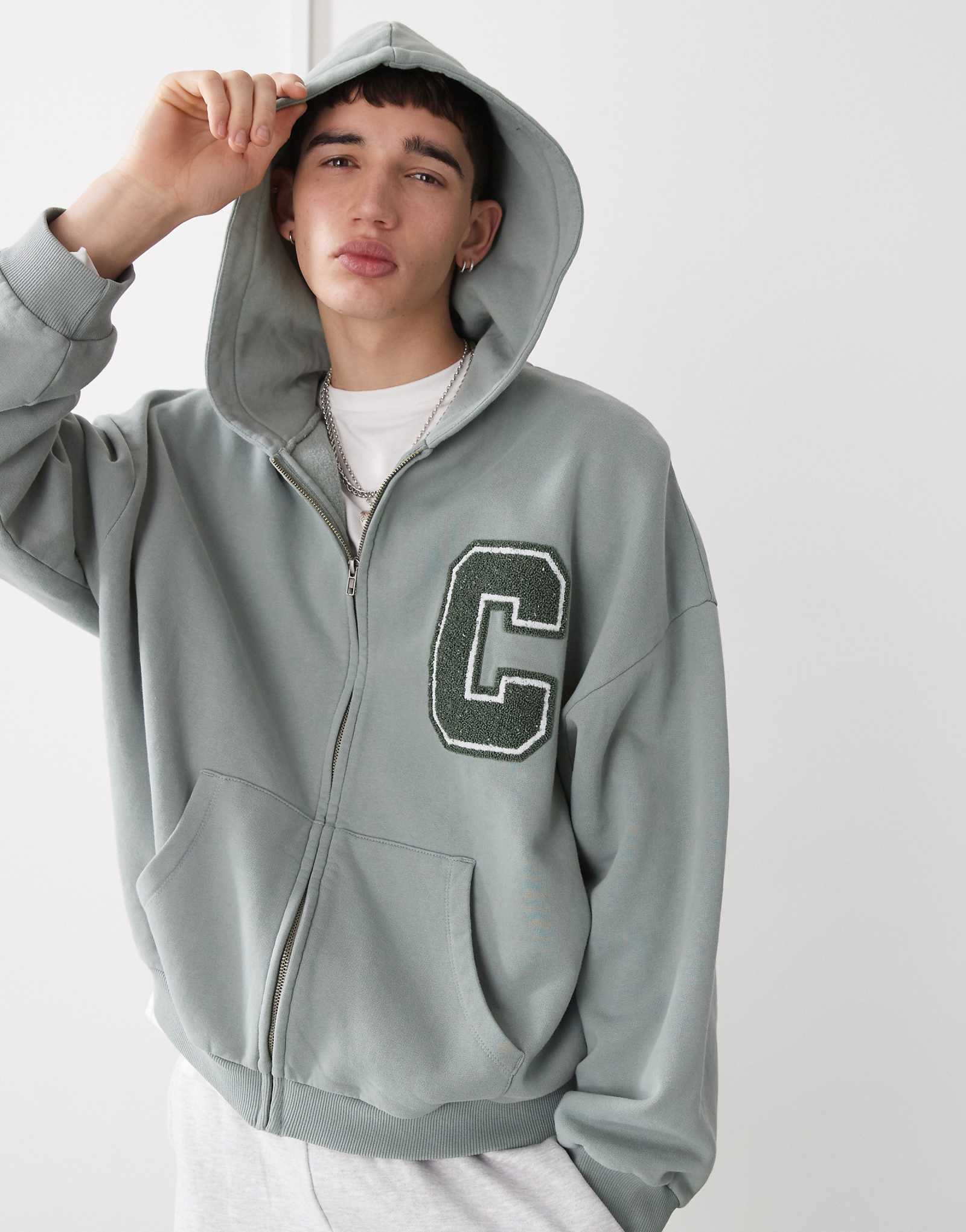 Толстовка с капюшоном COLLUSION на молнии с нашивкой из синели цвета хаки