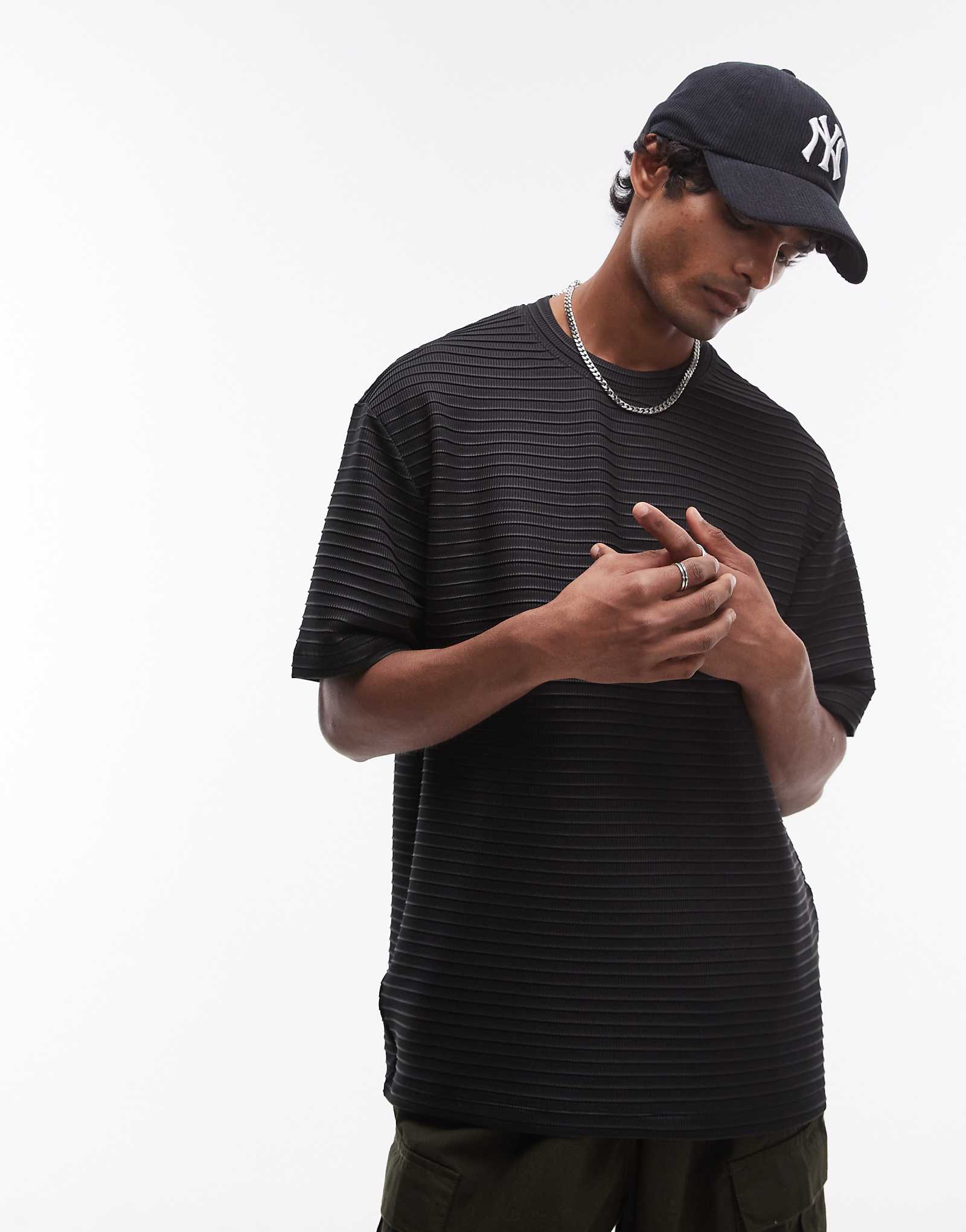 Нарядная футболка из трикотажа в рубчик оверсайз Topman черного цвета 6890₽