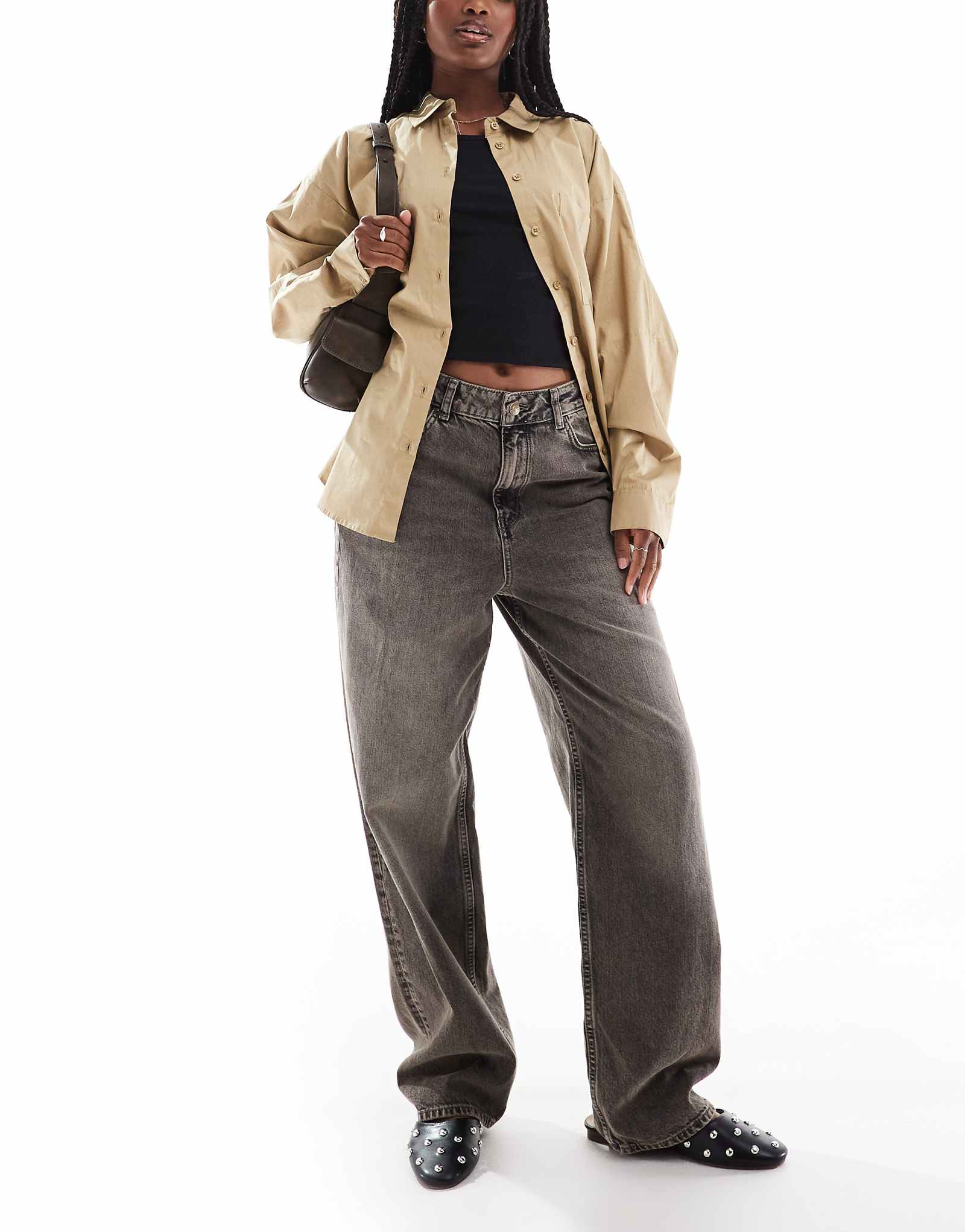 Мешковатые джинсы средней посадки JJXX Erin серого цвета постиранные 6190₽