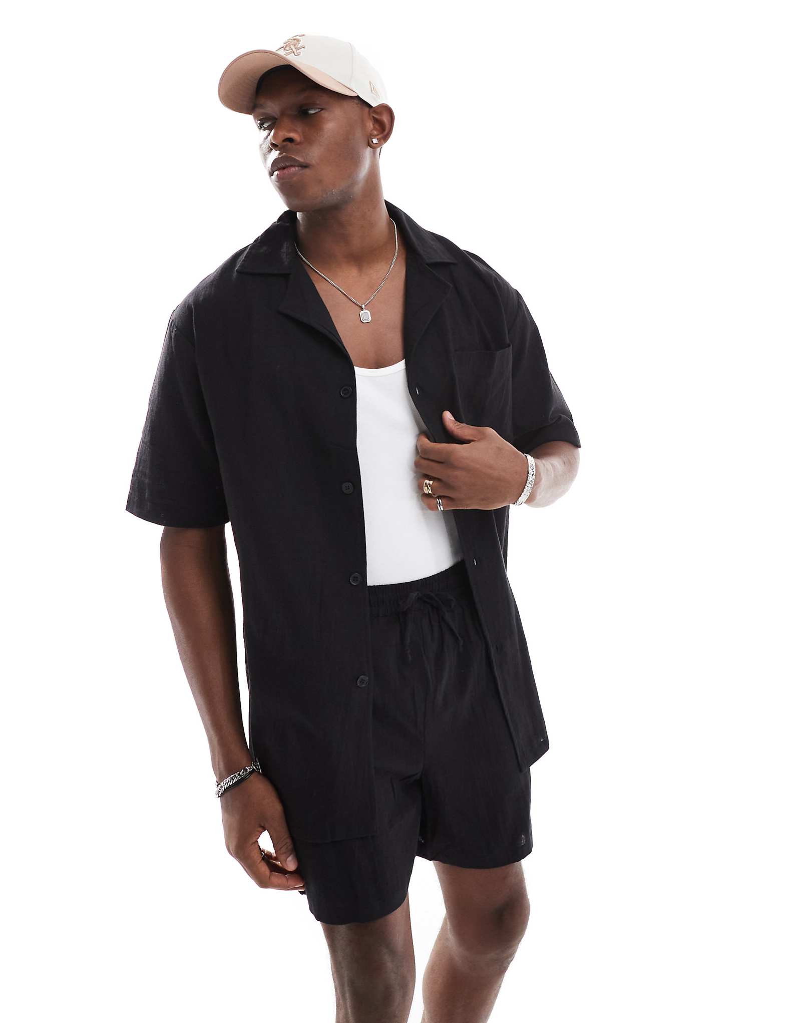 пляжная рубашка с коротким рукавом из текстурированной ткани sol beach черного цвета