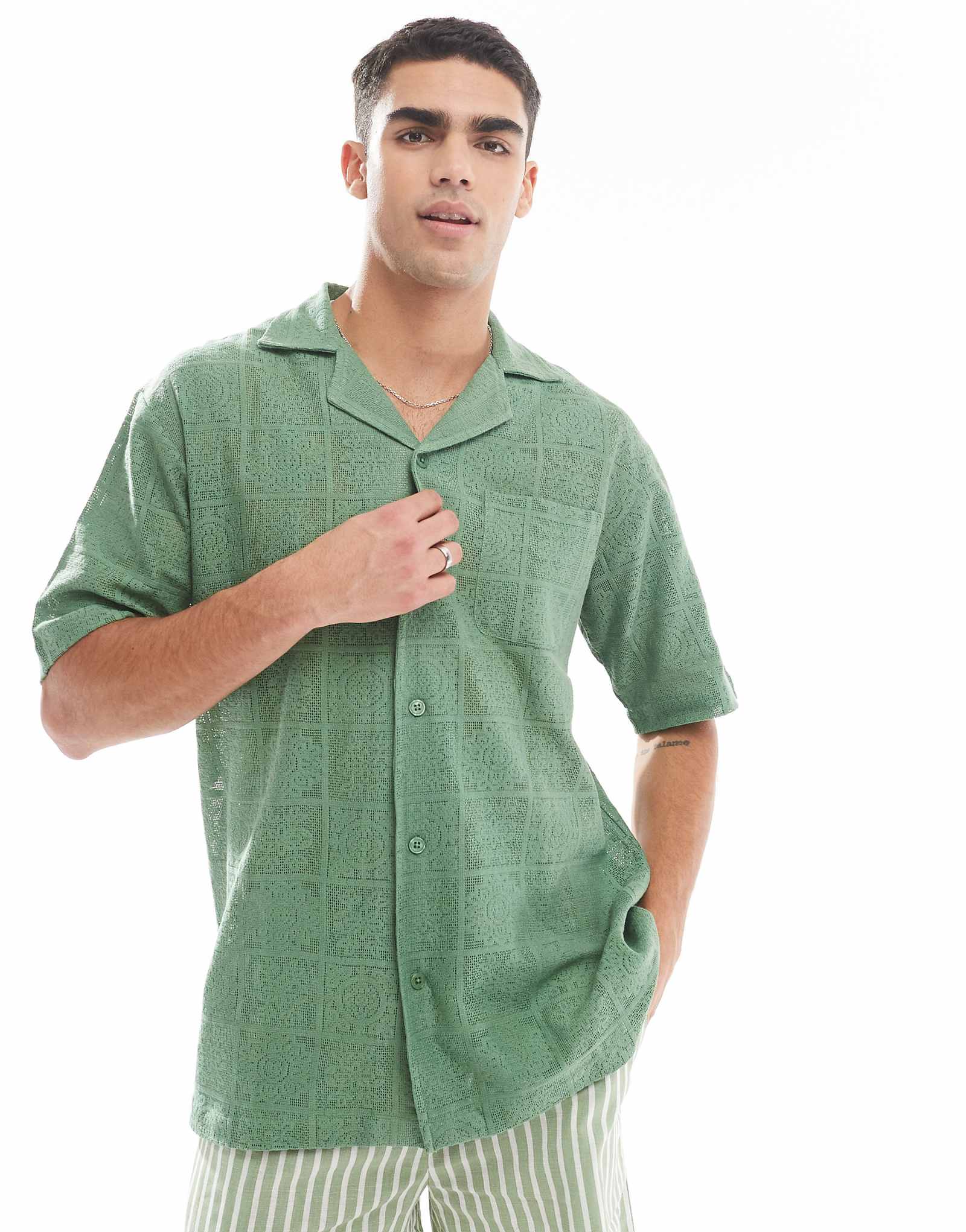 Пляжная рубашка Sol Beach, связанная крючком, с коротким рукавом оливкового цвета