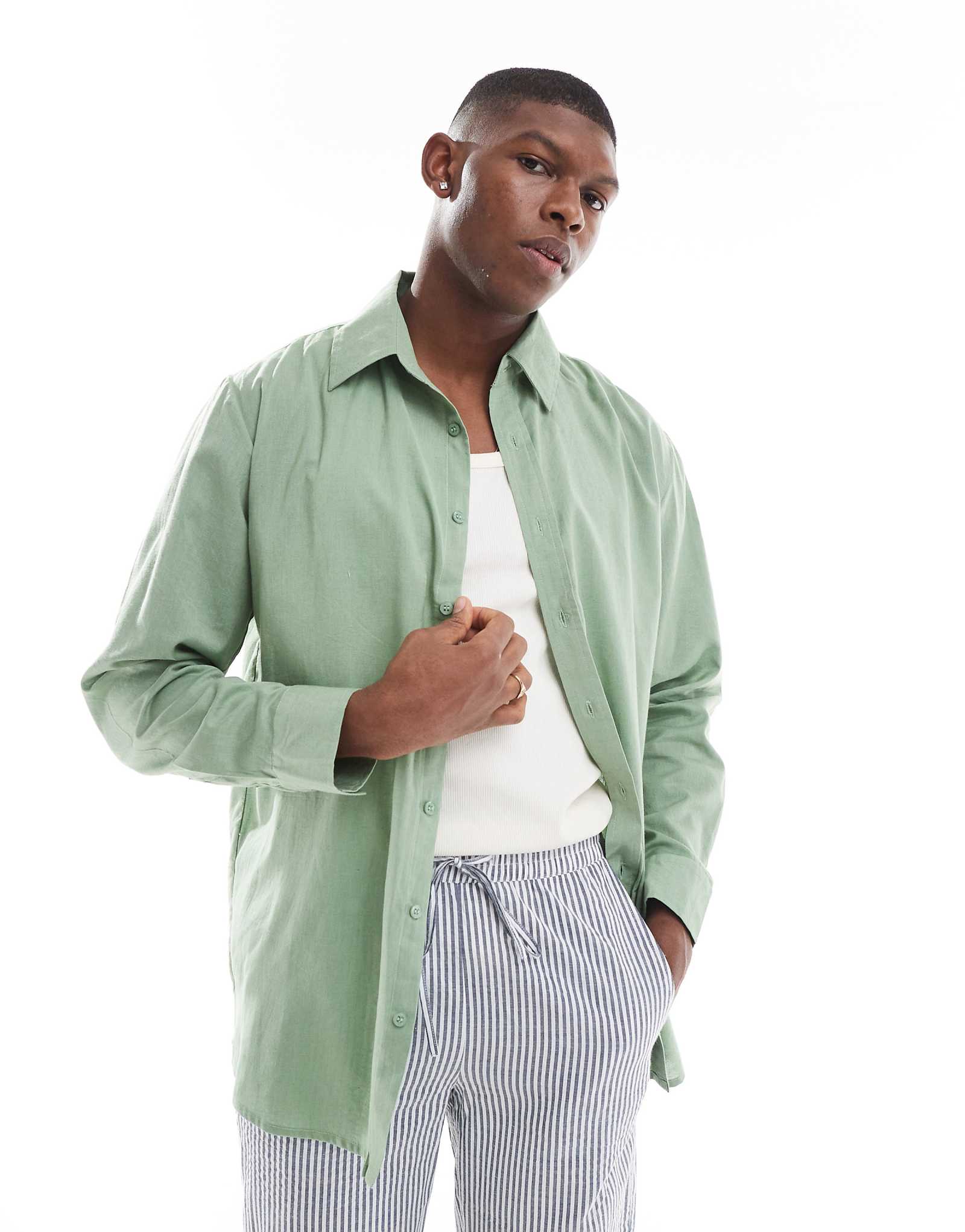 пляжная рубашка из льняного полотна sol beach с длинным рукавом оливкового цвета